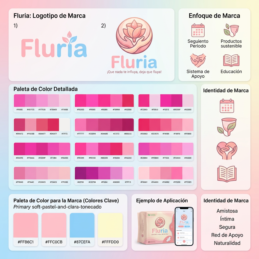 AI Design for Nombre de la marca: Fluria / Enfoque: Principalmente Fluria es una aplicacion que ayuda a las mujeres y personas mentruantes a controlar registrar su periodo y sus sintomas pero para diferenciarse de las demas aplicacions del mercado tambien es unatienda online de productos de hgiene femenina sostenibles y un sistema donde proporviona a las usuarias soporte tecnico y emocional ademas de un sistema que ayuda a compartir y divulgar informacion verificada sobre el cuerpo femenino para combatir la desinformacion / Eslogan: Que nadate influya deja que fluya" / Identidad de la marca: Amistosa , intma y segura, crea la sesacion de ser una red de apoyo cercana y un soporte para vivir la mentruacin y lo que eso conlleva con naturalidad. / Paleta de colores para el logotpo y la marca: paleta de todos pastel tirando a claros para dar sensacio de feminidad confiana