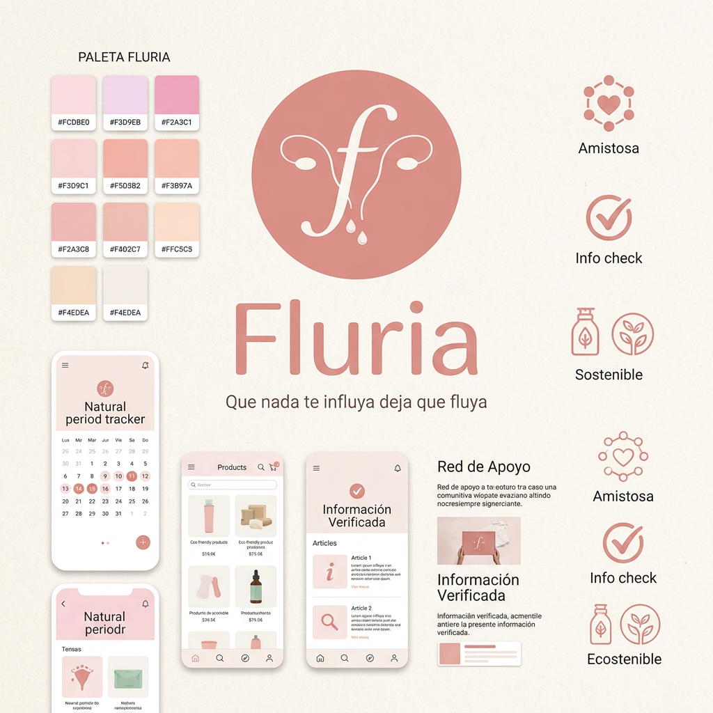 AI Design for Nombre de la marca: Fluria / Enfoque: Principalmente Fluria es una aplicacion que ayuda a las mujeres y personas mentruantes a controlar registrar su periodo y sus sintomas pero para diferenciarse de las demas aplicacions del mercado tambien es unatienda online de productos de hgiene femenina sostenibles y un sistema donde proporviona a las usuarias soporte tecnico y emocional ademas de un sistema que ayuda a compartir y divulgar informacion verificada sobre el cuerpo femenino para combatir la desinformacion / Eslogan: Que nadate influya deja que fluya" / Identidad de la marca: Amistosa , intma y segura, crea la sesacion de ser una red de apoyo cercana y un soporte para vivir la mentruacin y lo que eso conlleva con naturalidad. / Paleta de colores para el logotpo y la marca: paleta de todos pastel tirando a claros para dar sensacio de feminidad confiana / Idea para el logotipo a crear: Un circulo sencillo de color rosa sin subtonos o sombra (plano) con elemntos igual de simplificados, quizas gotas o alguna manera ingeniosa de incluir la foma del utero sin que se vea obvio. Un enfoque elegante que sea dscreto que n se vea tan obvio que es una aplicacion de menstruacion en la pantalla de las usuarias