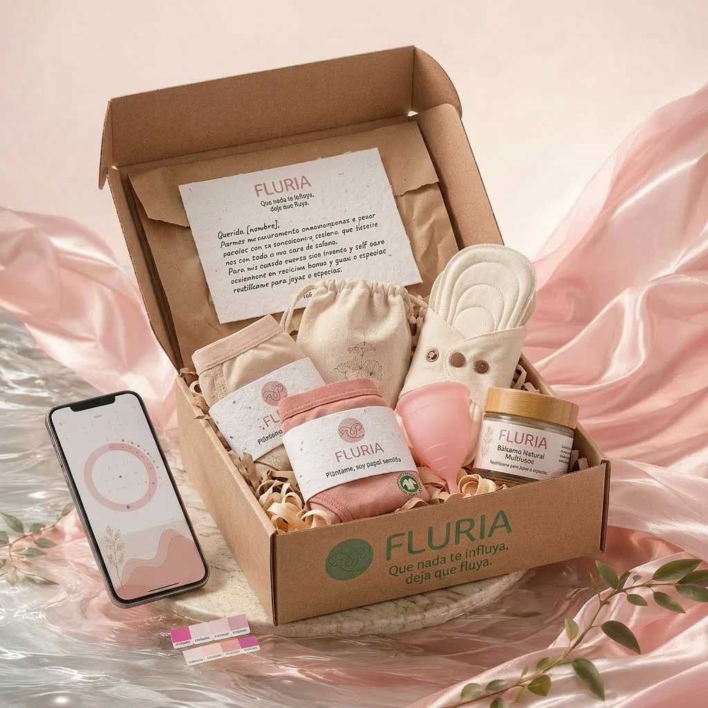 AI Design for ADAPTA estas imagenes con los siguientes productos descritos dentro de la caja con la misma presentacion: La Caja Exterior: Cartón corrugado 100% reciclado y compostable, certificado FSC. En lugar de tintas químicas tradicionales, se imprime con tintas ecológicas a base de agua o soja (en un solo color, como el verde menta o terracota de tu marca, para reducir costes y contaminación).
El Interior: Cero plásticos de burbujas. El relleno para proteger los productos es viruta de madera sin tratar o papel kraft triturado (ambos compostables).
Las Bragas Menstruales (2 unidades): Confeccionadas con una capa interna de algodón orgánico certificado GOTS (en contacto con la piel), una capa intermedia súper absorbente de bambú (antibacteriano natural) y una capa externa impermeable de poliéster reciclado (RPET). Vienen dobladas con una faja de papel semilla que la usuaria puede plantar.
Las Compresas de Tela (3 unidades): Hechas de algodón orgánico y franela suave. Llevan botones de presión metálicos o de resina reciclada (evitando broches plásticos nuevos) para ajustarse a la ropa interior.
El Tarro de Cristal: Vidrio ámbar o transparente reutilizable con tapa de aluminio o bambú roscado (sin juntas de plástico). Contiene un bálsamo o cremita natural e hidratante. Una vez vacío, la usuaria lo puede usar para guardar joyas o especias.
La Tarjeta Personalizada: Impresa en papel artesanal reciclado o papel de algodón, escrita con un mensaje de aliento y consejos de autocuidado para su ciclo.