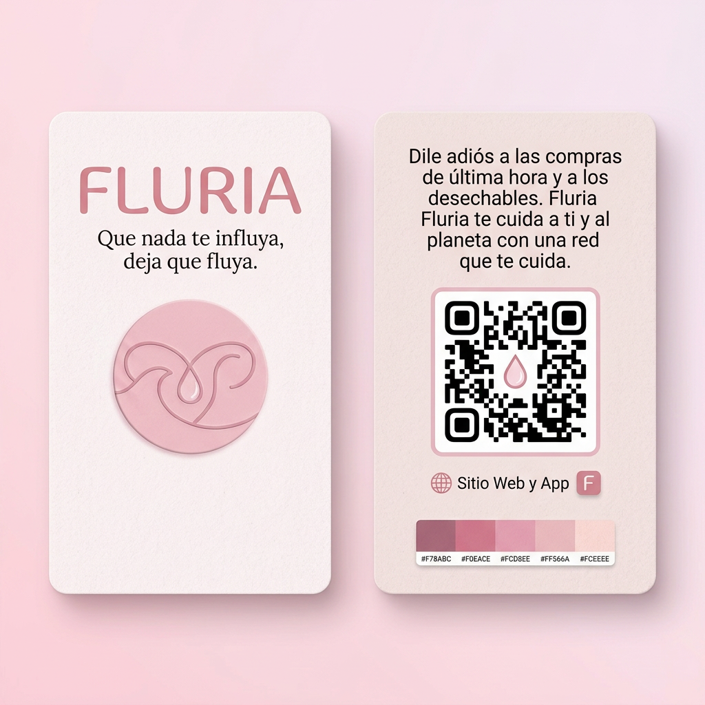 AI Design for Necesito crear una tarjeta de visita o un folleto para promocionar la marca de Fluria a los clientes. Usando los mismos colores que usamos para la interfás de la aplicación y el logo. La tarjeta debe incluir el logo, el eslogan y una estetica sencilla y agradable a la vista de las clientas. La tarjeta debe de incluir por la parte delantera el logo de la marca, el nombre y el eslogan, y por la parte trasera un codigo QR que lleve directo a la pagina del negocio, lo que hace la empresa "Dile adiós a las compras de última hora y a los desechables. Fluria te cuida a ti y al planeta con una red que te cuida". En formato vertical