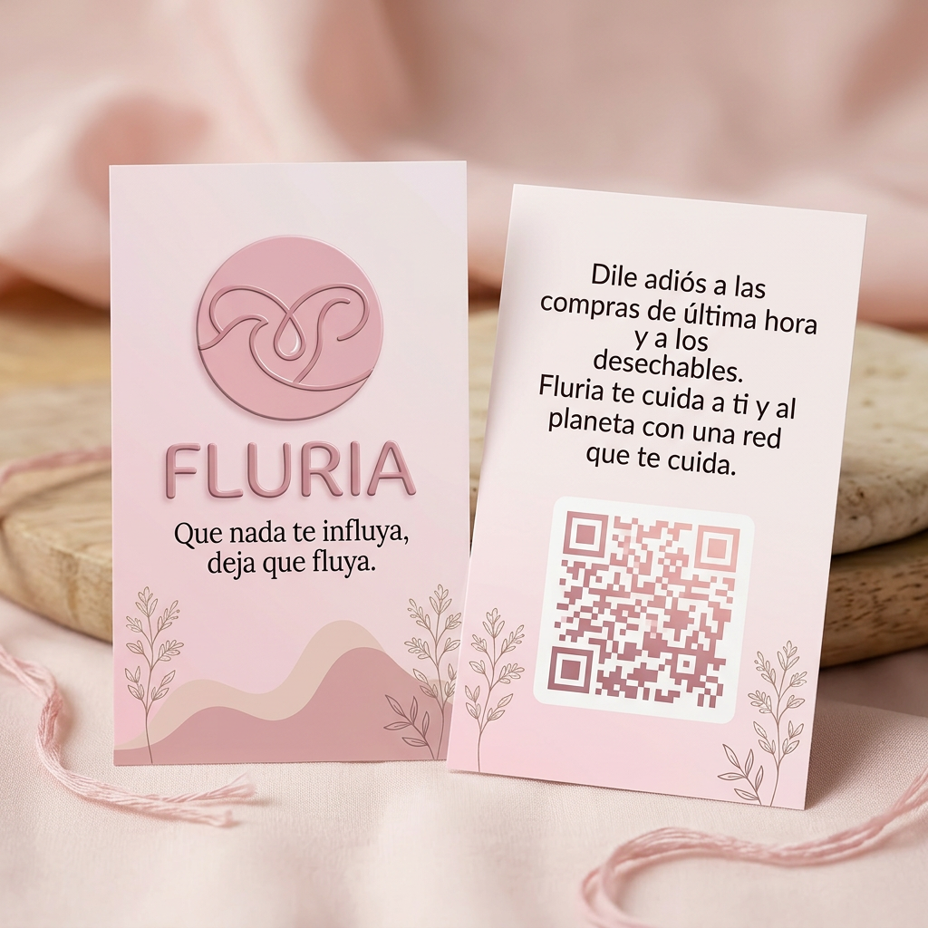 AI Design for Necesito crear una tarjeta de visita o un folleto para promocionar la marca de Fluria a los clientes. Usando los mismos colores que usamos para la interfás de la aplicación y el logo. La tarjeta debe incluir el logo, el eslogan y una estetica sencilla y agradable a la vista de las clientas. La tarjeta debe de incluir por la parte delantera el logo de la marca, el nombre y el eslogan, y por la parte trasera un codigo QR que lleve directo a la pagina del negocio, lo que hace la empresa "Dile adiós a las compras de última hora y a los desechables. Fluria te cuida a ti y al planeta con una red que te cuida"