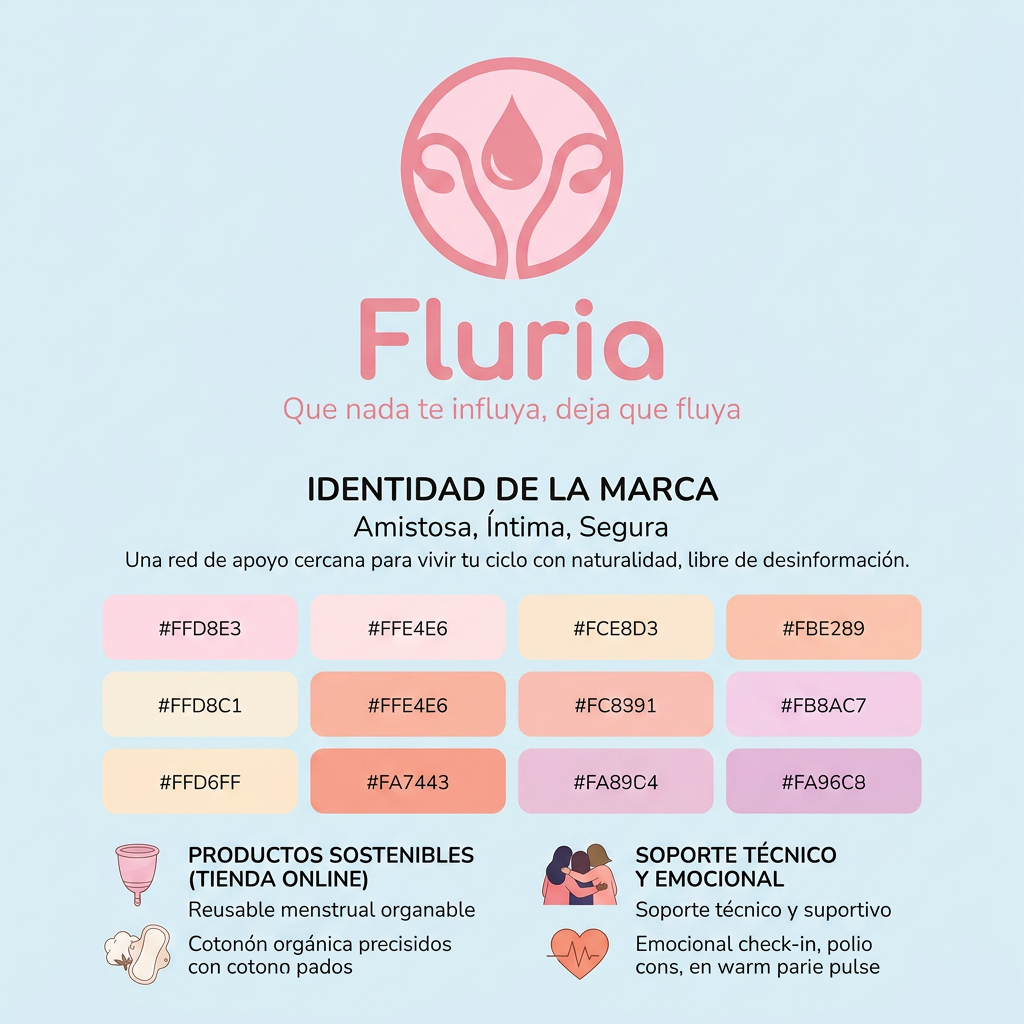 AI Design for Nombre de la marca: Fluria / Enfoque: Principalmente Fluria es una aplicacion que ayuda a las mujeres y personas mentruantes a controlar registrar su periodo y sus sintomas pero para diferenciarse de las demas aplicacions del mercado tambien es unatienda online de productos de hgiene femenina sostenibles y un sistema donde proporviona a las usuarias soporte tecnico y emocional ademas de un sistema que ayuda a compartir y divulgar informacion verificada sobre el cuerpo femenino para combatir la desinformacion / Eslogan: Que nadate influya deja que fluya" / Identidad de la marca: Amistosa , intma y segura, crea la sesacion de ser una red de apoyo cercana y un soporte para vivir la mentruacin y lo que eso conlleva con naturalidad. / Paleta de colores para el logotpo y la marca: paleta de todos pastel tirando a claros para dar sensacio de feminidad confiana / Idea para el logotipo a crear: Un circulo sencillo de color rosa sin subtonos o sombra (plano) con elemntos igual de simplificados, quizas gotas o alguna manera ingeniosa de incluir la foma del utero sin que se vea obvio