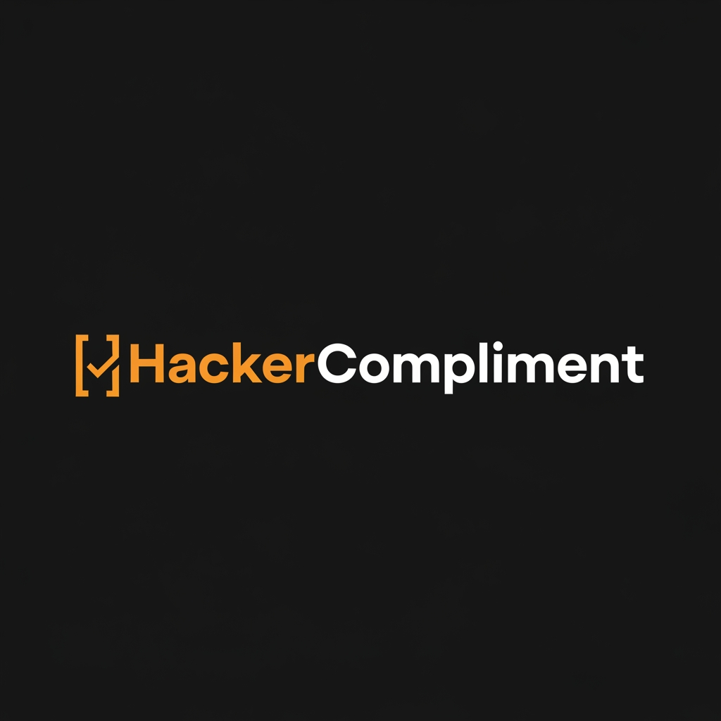 AI Design for Modern tech startup logo with integrated text, the text reads
"HackerCompliment" in a bold geometric sans-serif font.
Design: A sleek terminal/code bracket symbol or a minimalist
checkmark-inside-brackets icon merged with the letter H,
in orange color #FF6B2B.
The icon and text are on the same horizontal line.
Dark background #09090b. Orange accent #FF6B2B.
Clean, minimal, professional. No gradients.
Flat design. Similar style to Vercel or Linear logos.
White text for "Compliment" part, orange for "Hacker" part.