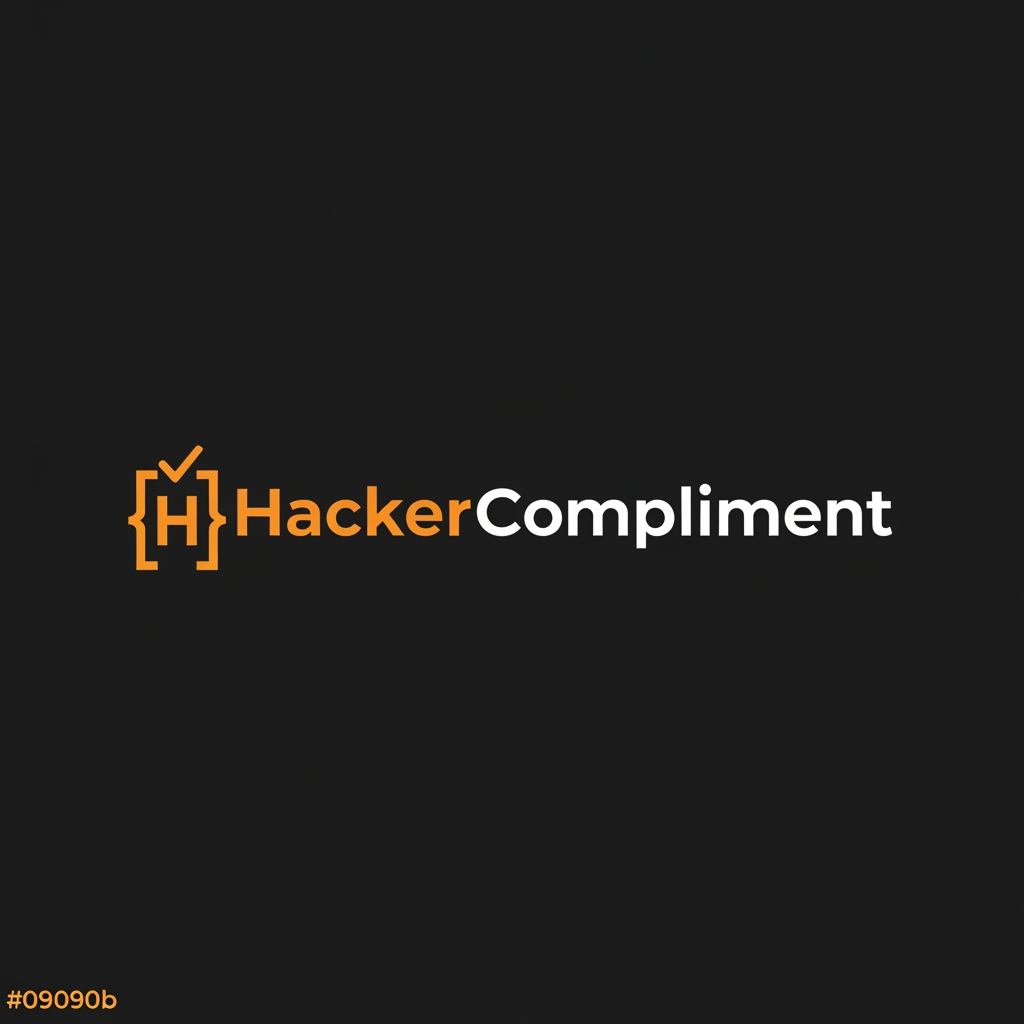 AI Design for Modern tech startup logo with integrated text, the text reads
"HackerCompliment" in a bold geometric sans-serif font.
Design: A sleek terminal/code bracket symbol or a minimalist
checkmark-inside-brackets icon merged with the letter H,
in orange color #FF6B2B.
The icon and text are on the same horizontal line.
Dark background #09090b. Orange accent #FF6B2B.
Clean, minimal, professional. No gradients.
Flat design. Similar style to Vercel or Linear logos.
White text for "Compliment" part, orange for "Hacker" part.