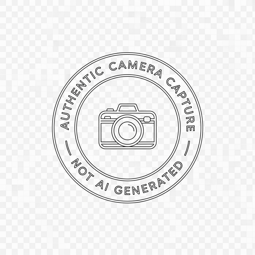 AI Design for Create a professional photography authenticity stamp logo with a completely transparent background (PNG).
Design:
* Circular double-ring badge
* Minimalist and elegant
* Thin white outlines only
* White monochrome color (#FFFFFF)
* Premium photographer watermark aesthetic
* Clean vector style
* No shadows, no gradients, no background elements
Text:
Top Arc: "AUTHENTIC CAMERA CAPTURE"
Bottom Arc: "NOT AI GENERATED"
Center:
* Minimal line-art camera icon
* White outline only
* Perfectly centered
Style:
* Luxury serif typography
* High-end photography branding
* Instagram watermark style
* Modern, professional, timeless
* Symmetrical layout
* Sharp vector edges
Output:
* Transparent PNG
* 4000x4000 px
* White logo only
* No black background
* No yellow or gold colors
* No glow effects
* No texture
* Ready to place directly on photographs as a watermark