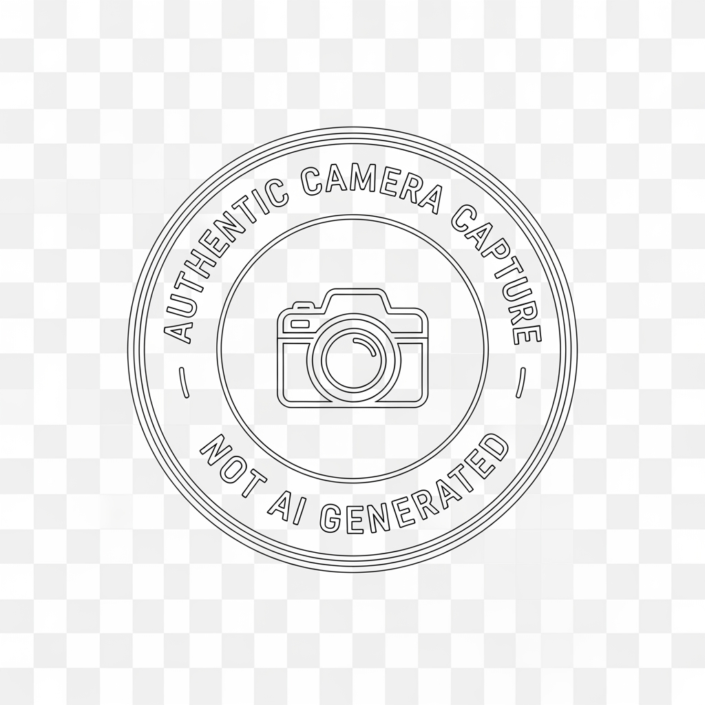 AI Design for Create a professional photography authenticity stamp logo with a completely transparent background (PNG).
Design:
* Circular double-ring badge
* Minimalist and elegant
* Thin white outlines only
* White monochrome color (#FFFFFF)
* Premium photographer watermark aesthetic
* Clean vector style
* No shadows, no gradients, no background elements
Text:
Top Arc: "AUTHENTIC CAMERA CAPTURE"
Bottom Arc: "NOT AI GENERATED"
Center:
* Minimal line-art camera icon
* White outline only
* Perfectly centered
Style:
* Luxury serif typography
* High-end photography branding
* Instagram watermark style
* Modern, professional, timeless
* Symmetrical layout
* Sharp vector edges
Output:
* Transparent PNG
* 4000x4000 px
* White logo only
* No black background
* No yellow or gold colors
* No glow effects
* No texture
* Ready to place directly on photographs as a watermark