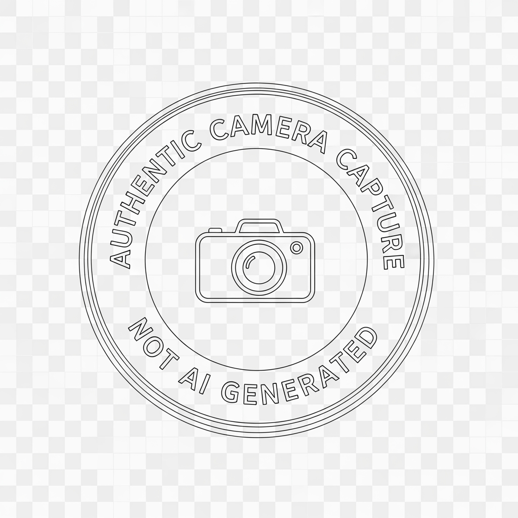 AI Design for Create a professional photography authenticity stamp logo with a completely transparent background (PNG).
Design:
* Circular double-ring badge
* Minimalist and elegant
* Thin white outlines only
* White monochrome color (#FFFFFF)
* Premium photographer watermark aesthetic
* Clean vector style
* No shadows, no gradients, no background elements
Text:
Top Arc: "AUTHENTIC CAMERA CAPTURE"
Bottom Arc: "NOT AI GENERATED"
Center:
* Minimal line-art camera icon
* White outline only
* Perfectly centered
Style:
* Luxury serif typography
* High-end photography branding
* Instagram watermark style
* Modern, professional, timeless
* Symmetrical layout
* Sharp vector edges
Output:
* Transparent PNG
* 4000x4000 px
* White logo only
* No black background
* No yellow or gold colors
* No glow effects
* No texture
* Ready to place directly on photographs as a watermark