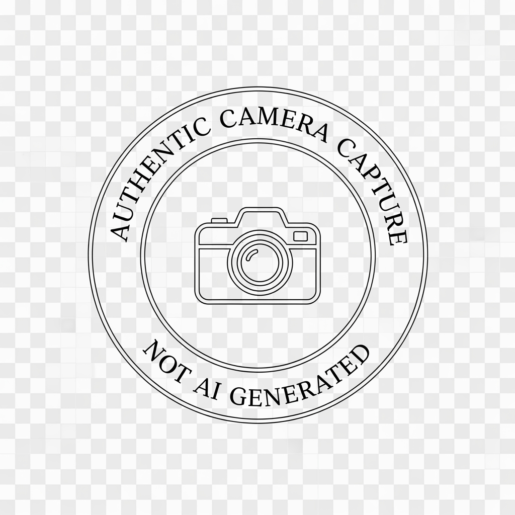 AI Design for Create a professional photography authenticity stamp logo with a completely transparent background (PNG).
Design:
* Circular double-ring badge
* Minimalist and elegant
* Thin white outlines only
* White monochrome color (#FFFFFF)
* Premium photographer watermark aesthetic
* Clean vector style
* No shadows, no gradients, no background elements
Text:
Top Arc: "AUTHENTIC CAMERA CAPTURE"
Bottom Arc: "NOT AI GENERATED"
Center:
* Minimal line-art camera icon
* White outline only
* Perfectly centered
Style:
* Luxury serif typography
* High-end photography branding
* Instagram watermark style
* Modern, professional, timeless
* Symmetrical layout
* Sharp vector edges
Output:
* Transparent PNG
* 4000x4000 px
* White logo only
* No black background
* No yellow or gold colors
* No glow effects
* No texture
* Ready to place directly on photographs as a watermark