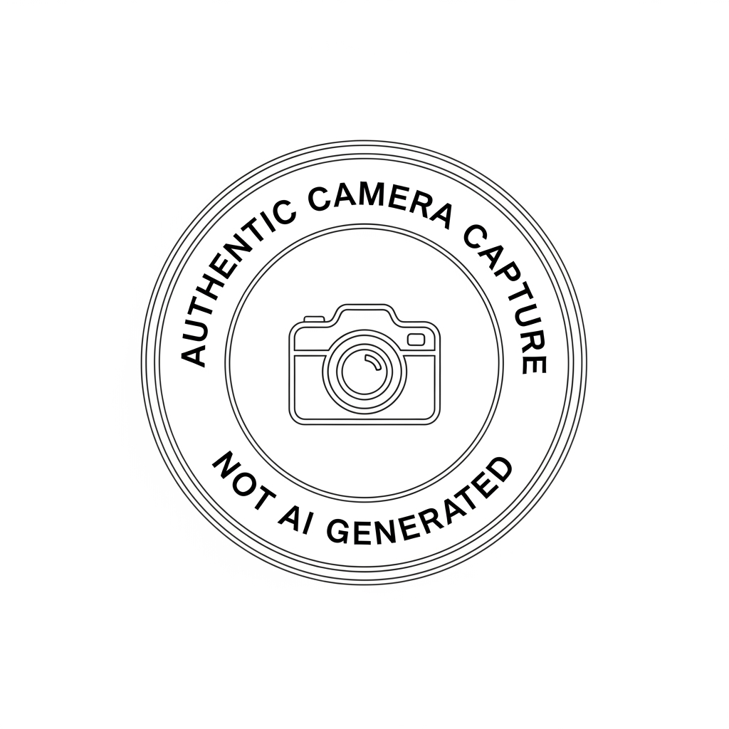 AI Design for Create a professional photography authenticity stamp logo with a completely transparent background (PNG).
Design:
* Circular double-ring badge
* Minimalist and elegant
* Thin white outlines only
* White monochrome color (#FFFFFF)
* Premium photographer watermark aesthetic
* Clean vector style
* No shadows, no gradients, no background elements
Text:
Top Arc: "AUTHENTIC CAMERA CAPTURE"
Bottom Arc: "NOT AI GENERATED"
Center:
* Minimal line-art camera icon
* White outline only
* Perfectly centered
Style:
* Luxury serif typography
* High-end photography branding
* Instagram watermark style
* Modern, professional, timeless
* Symmetrical layout
* Sharp vector edges
Output:
* Transparent PNG
* 4000x4000 px
* White logo only
* No black background
* No yellow or gold colors
* No glow effects
* No texture
* Ready to place directly on photographs as a watermark