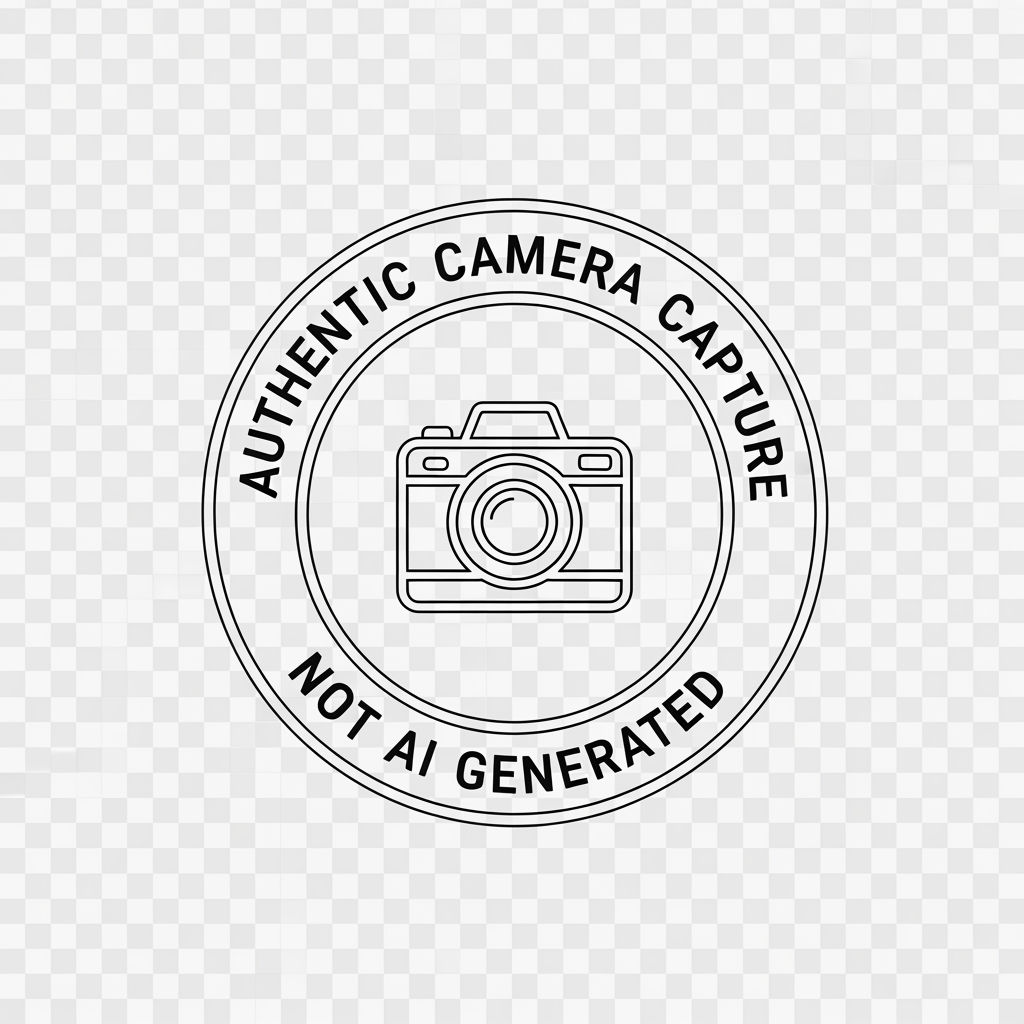 AI Design for Create a professional photography authenticity stamp logo with a completely transparent background (PNG).
Design:
* Circular double-ring badge
* Minimalist and elegant
* Thin white outlines only
* White monochrome color (#FFFFFF)
* Premium photographer watermark aesthetic
* Clean vector style
* No shadows, no gradients, no background elements
Text:
Top Arc: "AUTHENTIC CAMERA CAPTURE"
Bottom Arc: "NOT AI GENERATED"
Center:
* Minimal line-art camera icon
* White outline only
* Perfectly centered
Style:
* Luxury serif typography
* High-end photography branding
* Instagram watermark style
* Modern, professional, timeless
* Symmetrical layout
* Sharp vector edges
Output:
* Transparent PNG
* 4000x4000 px
* White logo only
* No black background
* No yellow or gold colors
* No glow effects
* No texture
* Ready to place directly on photographs as a watermark