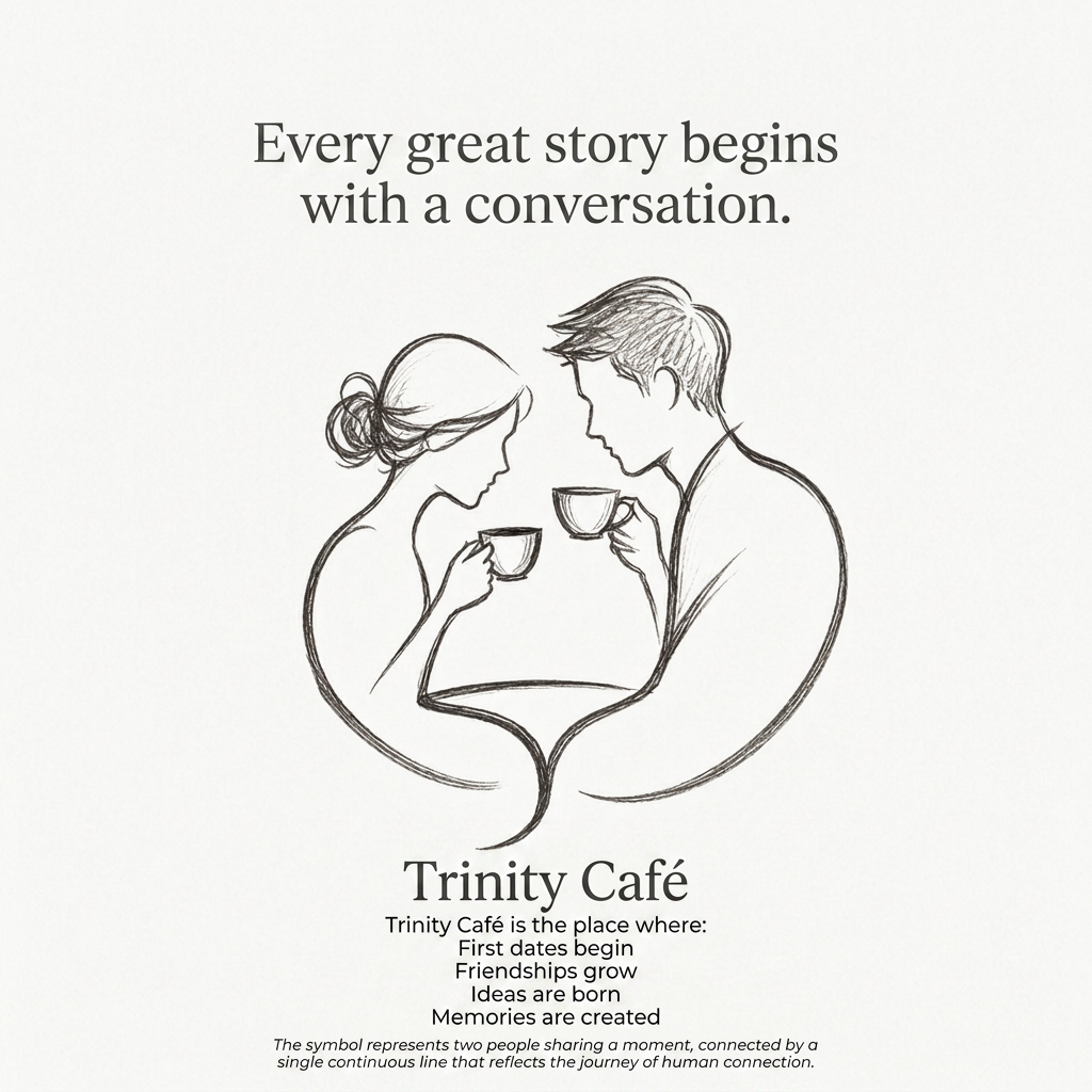 AI Design for "Every great story begins with a conversation."
Trinity Café is the place where:
First dates begin
Friendships grow
Ideas are born
Memories are created
The symbol represents two people sharing a moment, connected by a single continuous line that reflects the journey of human connection.