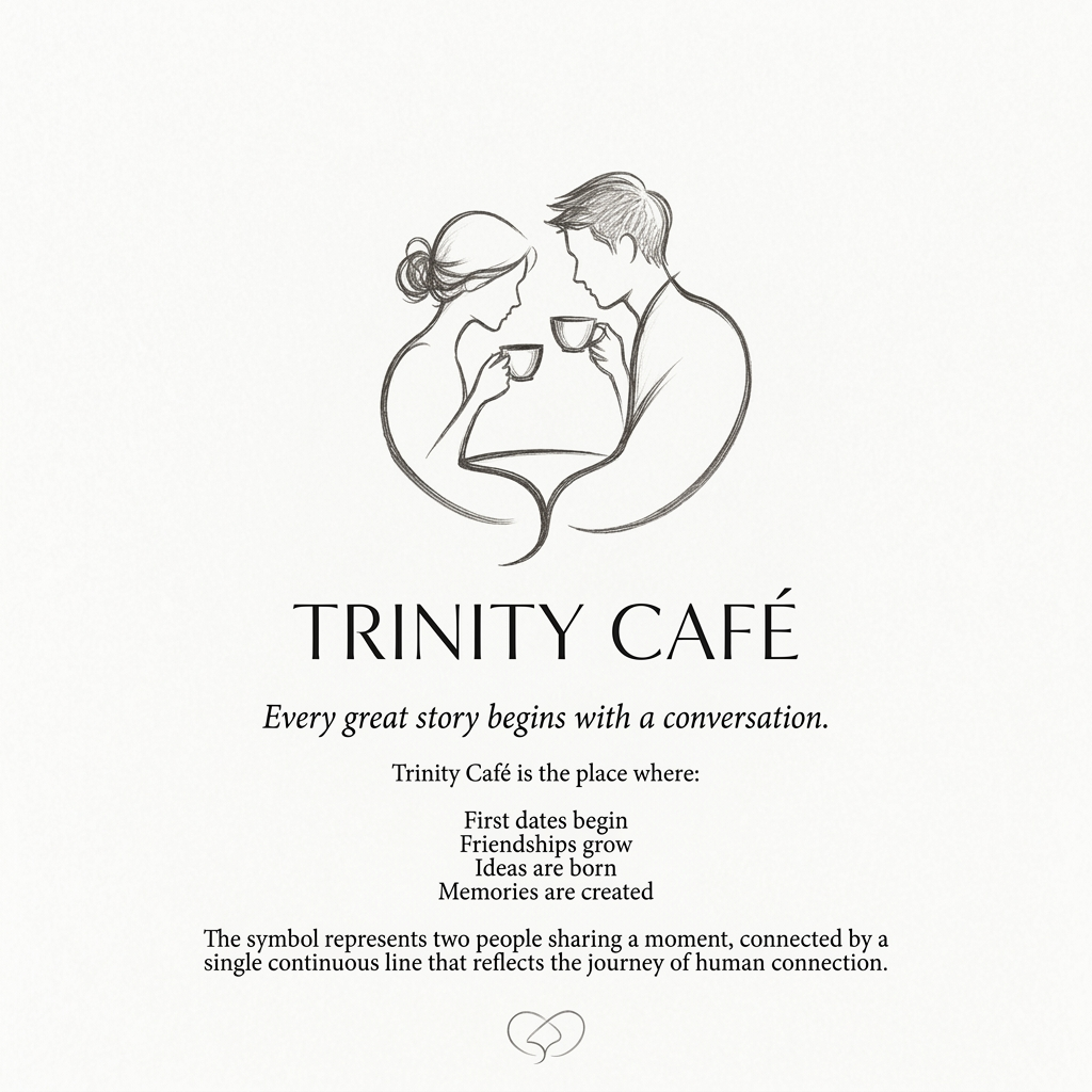 AI Design for "Every great story begins with a conversation."
Trinity Café is the place where:
First dates begin
Friendships grow
Ideas are born
Memories are created
The symbol represents two people sharing a moment, connected by a single continuous line that reflects the journey of human connection.