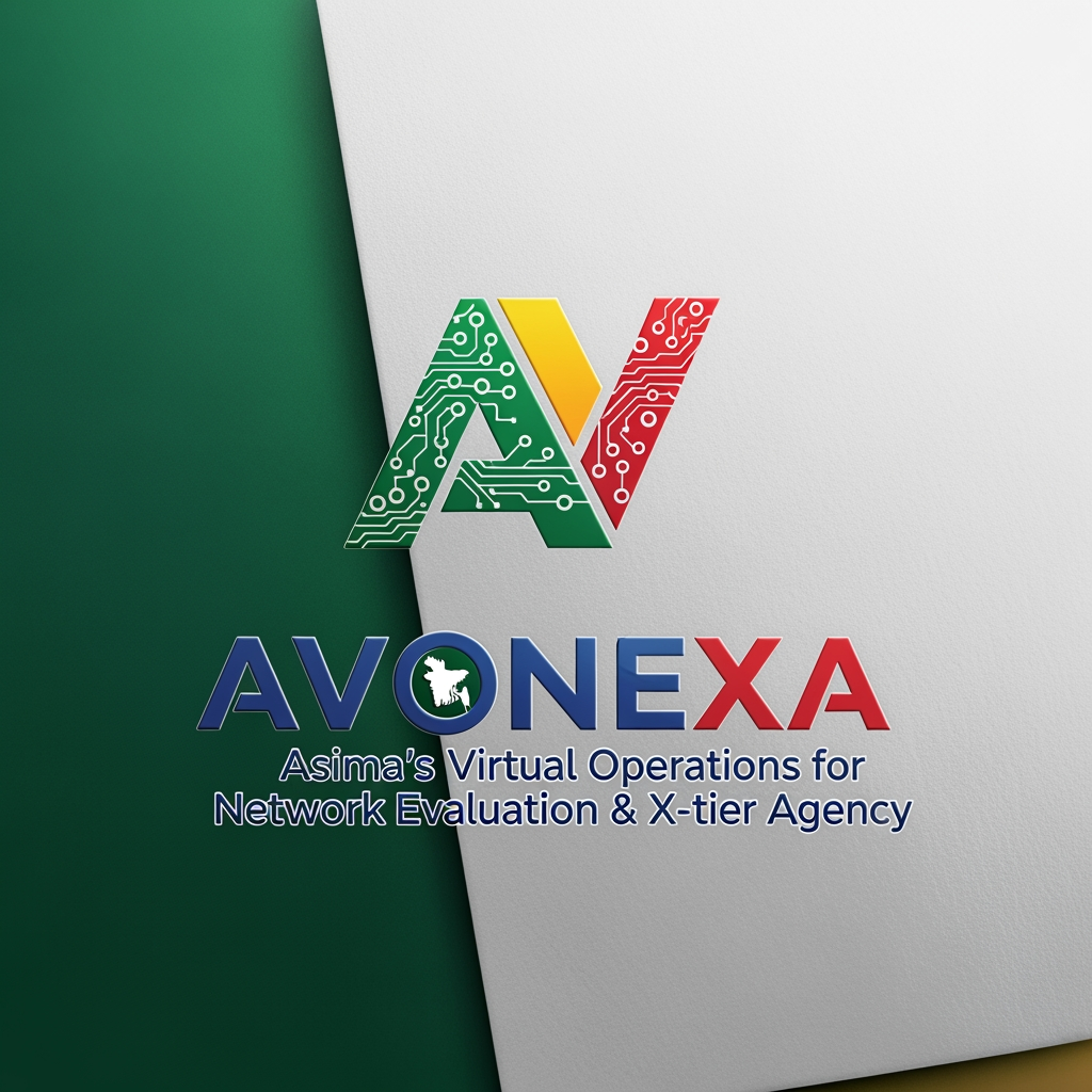 AI Design for কোম্পানির নাম = AVONEXA এটা বাঙালি এগুলো হয়
A = Asima (আপনার নাম)
V = Virtual (ভার্চুয়াল নেটওয়ার্ক)
O = Operations for (অপারেশনস ফর)
N = Network (নেটওয়ার্ক)
E = Evaluation & (কন্টেন্ট মূল্যায়ন)
X = X-tier (সর্বোচ্চ স্তর)
A = Agency (এজেন্সি)
এটা আমার কোম্পানি জন্য লাগবে logo এমন ভাবে দাও বাংলাদেশ এমন কোন কোম্পানির লোগ নেই Give it to bangladesh in such a way that peolpe will look at it and see that color is the best