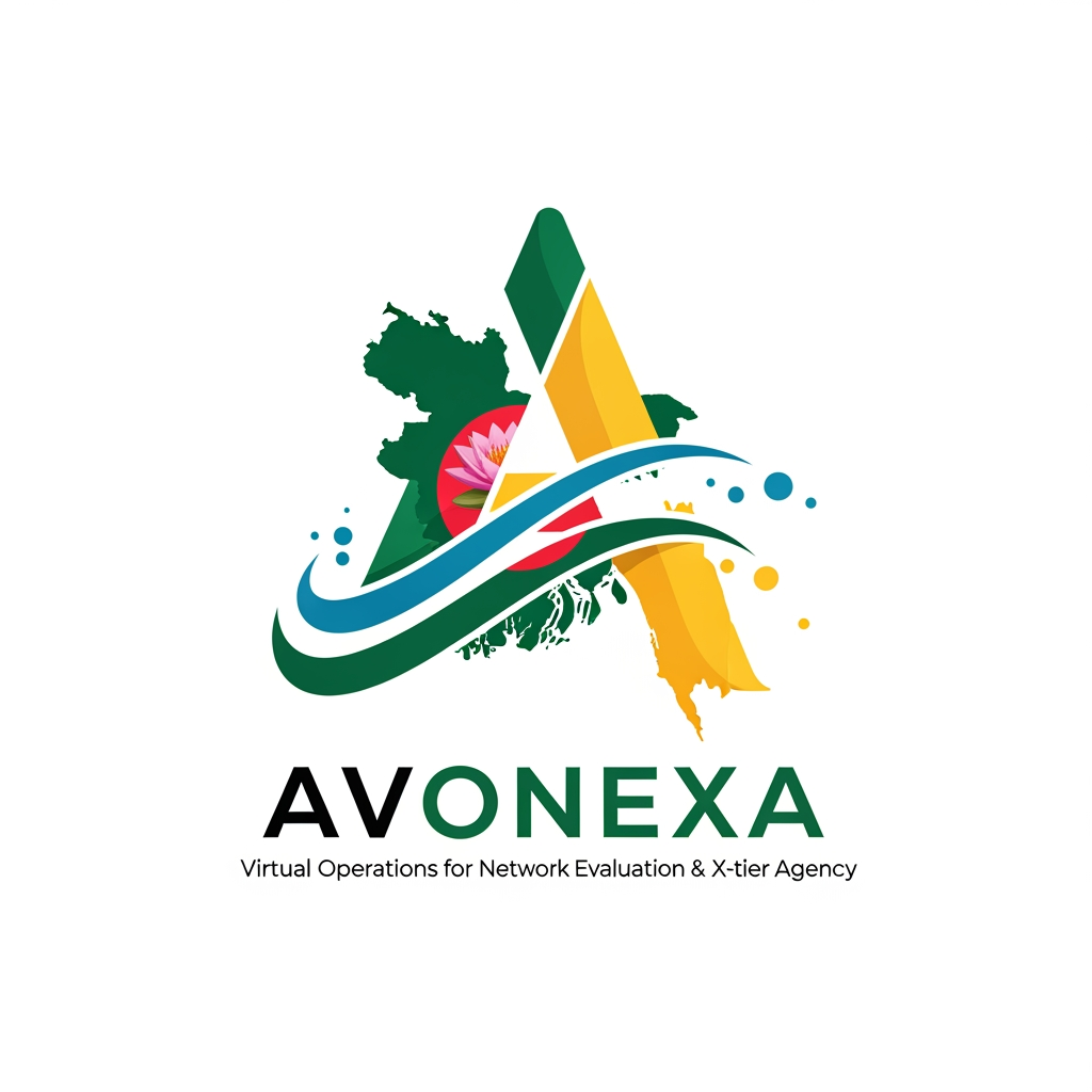 AI Design for কোম্পানির নাম = AVONEXA এটা বাঙালি এগুলো হয়
A = Asima (আপনার নাম)
V = Virtual (ভার্চুয়াল নেটওয়ার্ক)
O = Operations for (অপারেশনস ফর)
N = Network (নেটওয়ার্ক)
E = Evaluation & (কন্টেন্ট মূল্যায়ন)
X = X-tier (সর্বোচ্চ স্তর)
A = Agency (এজেন্সি)
এটা আমার কোম্পানি জন্য লাগবে logo এমন ভাবে দাও বাংলাদেশ এমন কোন কোম্পানির লোগ নেই