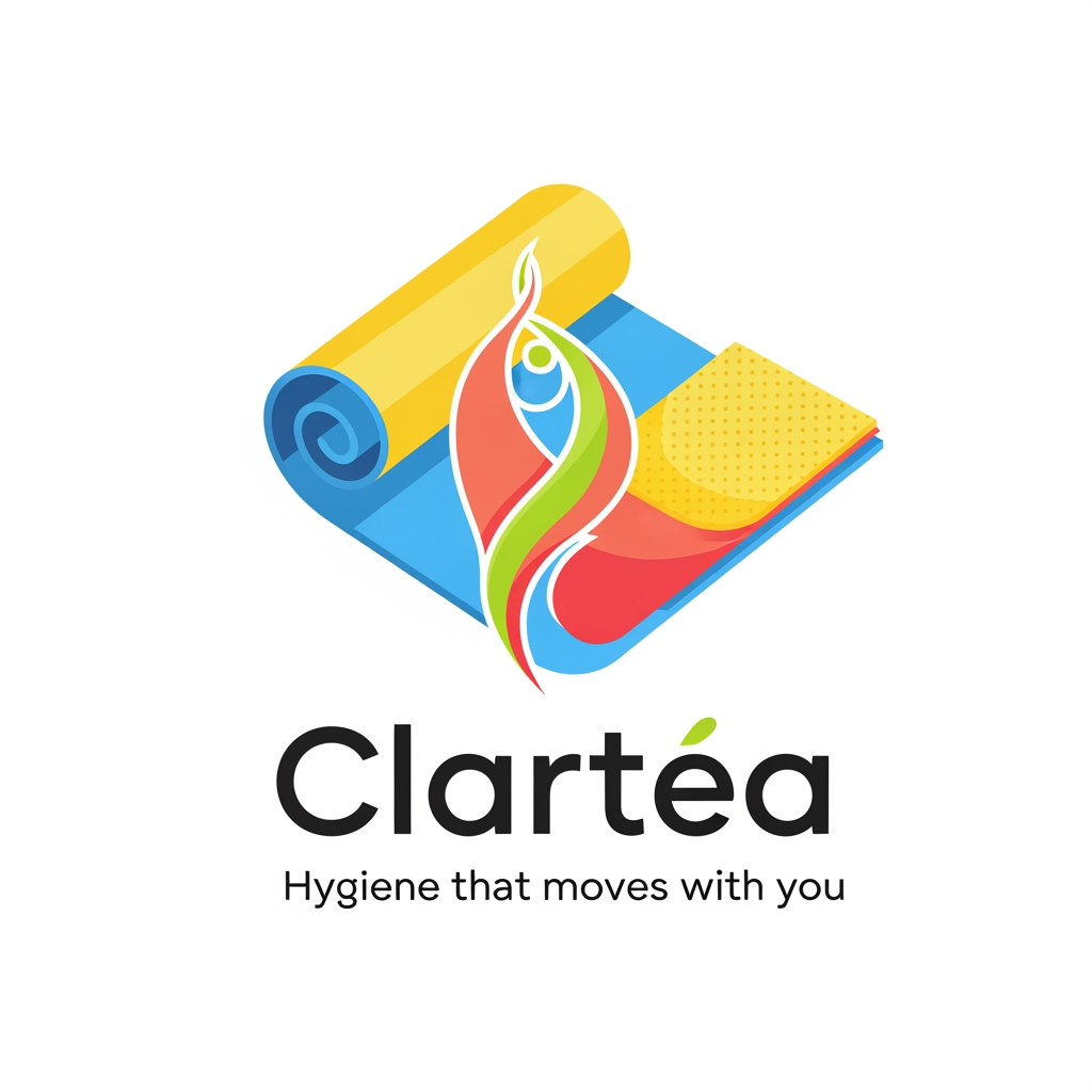 AI Design for can u create a logo for my fitness brand called Clartéa. my product is a yoga mat that comes with a detachnabe towel . and its tagline is hygiene that moves with you. ita a unisex brand. but it should have a colourfull summery and a warmn vibe to it