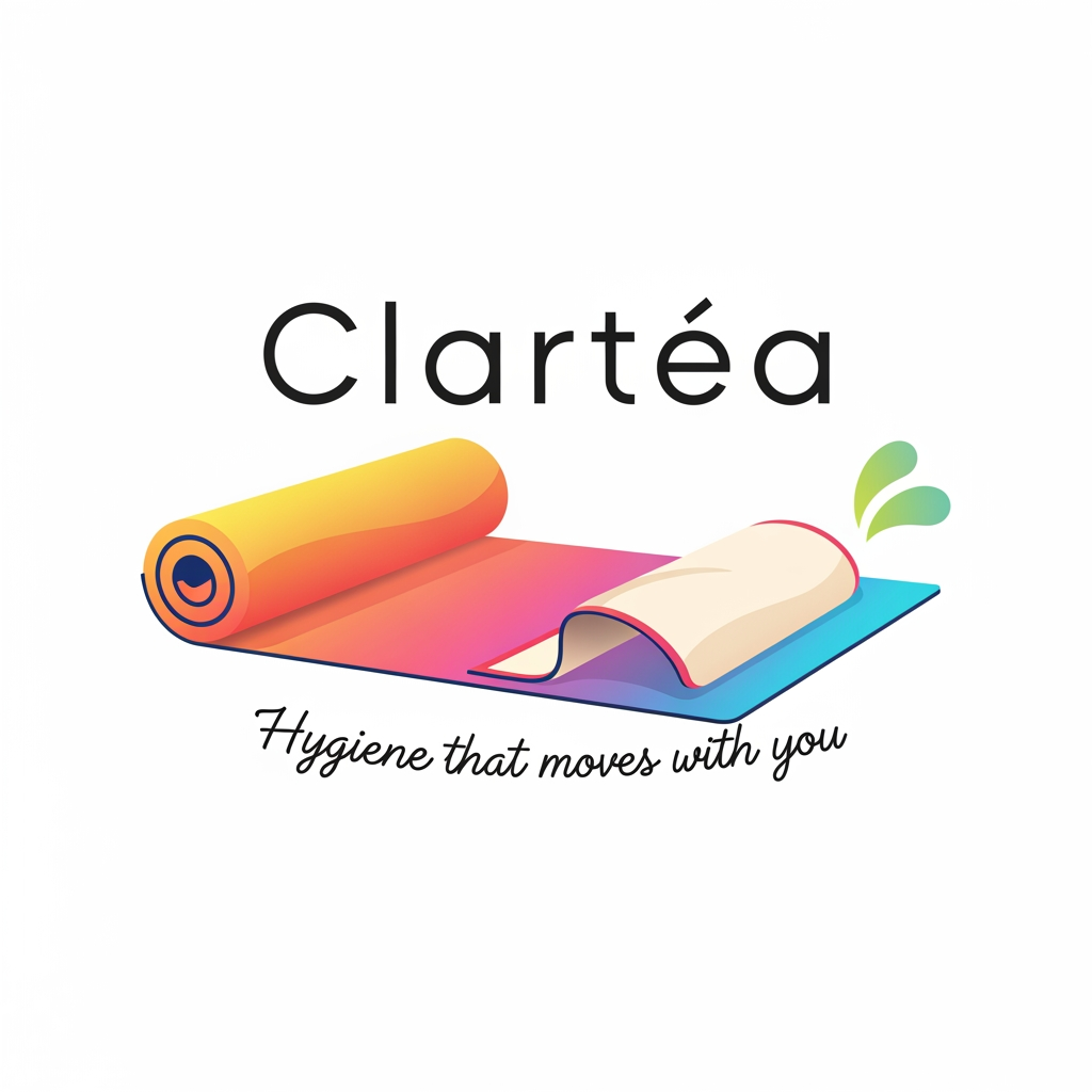 AI Design for can u create a logo for my fitness brand called Clartéa. my product is a yoga mat that comes with a detachnabe towel . and its tagline is hygiene that moves with you. ita a unisex brand. but it should have a colourfull summery and a warmn vibe to it