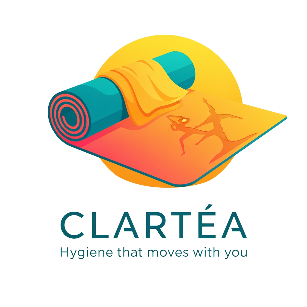 AI Design for can u create a logo for my fitness brand called Clartéa. my product is a yoga mat that comes with a detachnabe towel . and its tagline is hygiene that moves with you. ita a unisex brand. but it should have a colourfull summery and a warmn vibe to it