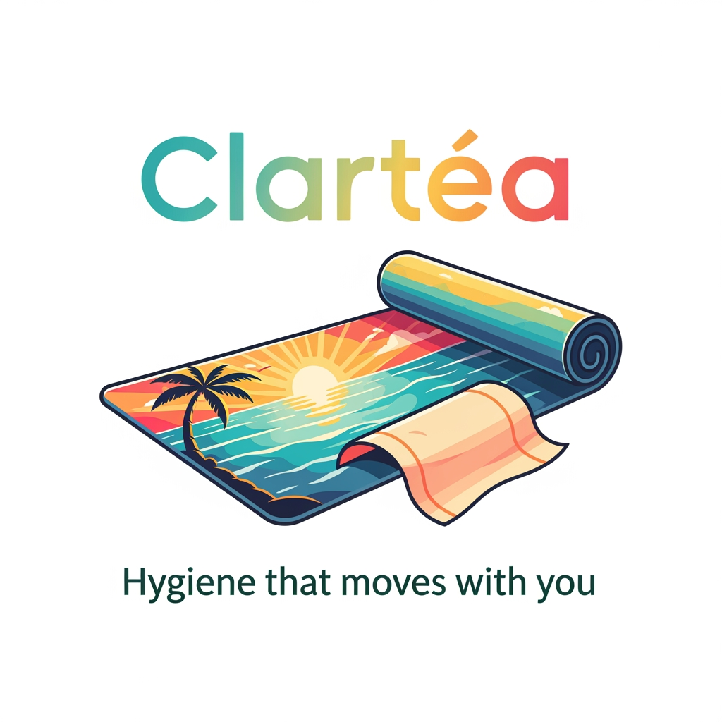 AI Design for can u create a logo for my fitness brand called Clartéa. my product is a yoga mat that comes with a detachnabe towel . and its tagline is hygiene that moves with you. ita a unisex brand. but it should have a colourfull summery and a warmn vibe to it