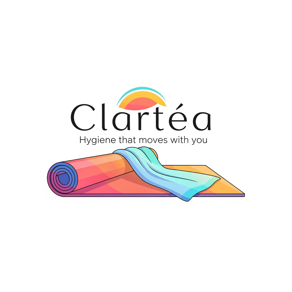 AI Design for can u create a logo for my fitness brand called Clartéa. my product is a yoga mat that comes with a detachnabe towel . and its tagline is hygiene that moves with you. ita a unisex brand. but it should have a colourfull summery and a warmn vibe to it