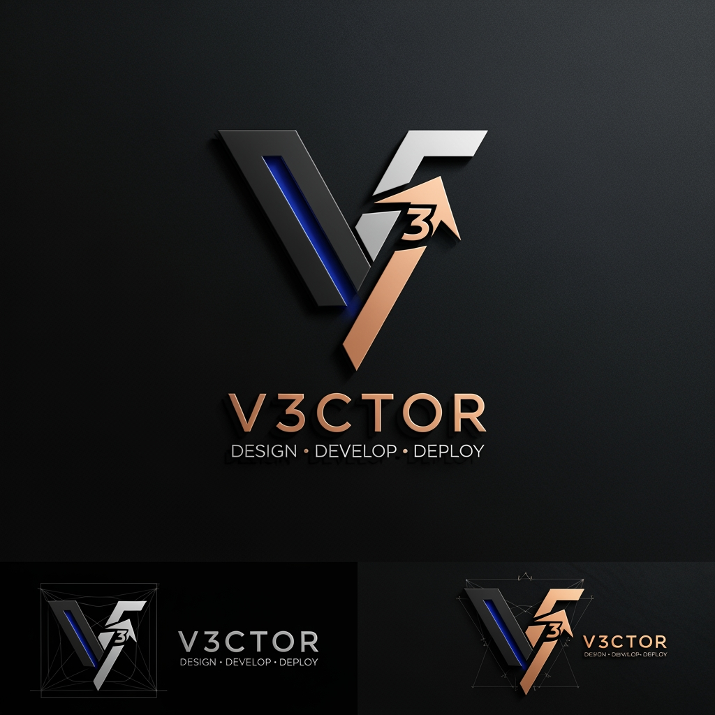 AI Design for Design a world-class brand identity logo for a premium digital agency called "V3CTOR".
Company Services:
• Website Design
• Web Development
• Mobile App Development
• SaaS Products
• UI/UX Design
• Deployment & Digital Solutions
Logo Concept:
Create a unique geometric symbol that combines:
- V (Victory, Vision, Velocity)
- 3 (Innovation, Third Dimension, Future)
- Upward Arrow (Growth & Progress)
- Vector Direction (Precision & Technology)
The symbol should feel iconic like:
Nike Swoosh,
Tesla T,
Stripe,
Vercel,
Linear,
OpenAI,
Notion
Style:
- Minimal but memorable
- Human-designed, not AI-looking
- Premium startup aesthetic
- Timeless and scalable
- Strong negative space usage
- Geometric precision
- Corporate and futuristic
- Instantly recognizable
Visual Direction:
The logo mark should look like a sharp vector arrow emerging from a stylized V while subtly hiding the number 3 inside the shape.
Avoid:
- Generic tech icons
- Circuit symbols
- Monitors
- Mobile phone icons
- Code brackets
- Stock logo elements
- Overly complex details
Colors:
Primary: Matte Black
Secondary: Metallic Titanium
Accent: Electric Blue or Copper Gold
Presentation:
- Luxury embossed metal version
- Dark textured background
- Realistic lighting and shadows
- Premium brand showcase
- High-end Behance/Dribbble presentation
- Professional logo construction grid visible in one variation
Typography:
Custom wordmark:
V3CTOR
Tagline:
DESIGN • DEVELOP • DEPLOY
The final logo should feel like a billion-dollar technology brand that could sit beside Apple, Tesla, Stripe, Vercel, Linear, and OpenAI.
Ultra-clean, vector-perfect, award-winning logo design, branding case study quality, 8K, highly detailed, professional identity system.