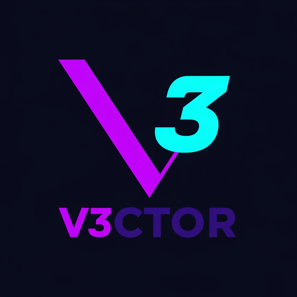 AI Design for A minimal tech startup logo for "V3CTOR" – concept name "The Cut V".
The logo is simple and bold.
A thick diagonal line (left leg of the letter V) in electric violet, starting top-left and angling down to bottom-center.
Instead of a normal right leg, a large, bold, italic number "3" in neon cyan, angled identically to form the right leg of the V.
The 3 and the left leg meet at the bottom center, creating a complete V shape.
Below the V, the wordmark "V3CTOR" – "V" in electric violet, "3" in neon cyan, "CTOR" in deep indigo with wide letter spacing.
Background is dark navy or black.
Style: ultra-minimal, flat vector, geometric, clean sans-serif, professional tech startup aesthetic.
No extra shapes, no gradients (or very subtle), no hexagons, no clutter.
Aspect ratio 1:1. --ar 1:1
