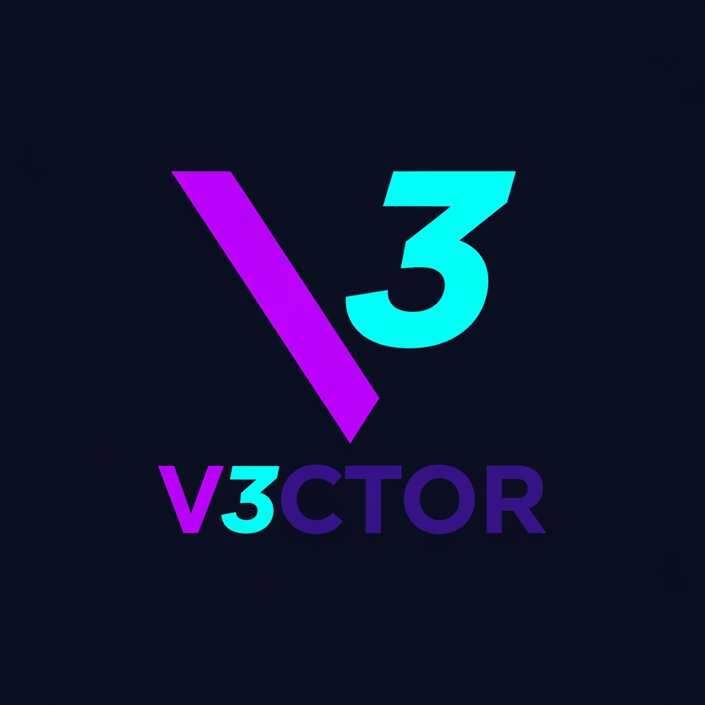 AI Design for A minimal tech startup logo for "V3CTOR" – concept name "The Cut V".
The logo is simple and bold.
A thick diagonal line (left leg of the letter V) in electric violet, starting top-left and angling down to bottom-center.
Instead of a normal right leg, a large, bold, italic number "3" in neon cyan, angled identically to form the right leg of the V.
The 3 and the left leg meet at the bottom center, creating a complete V shape.
Below the V, the wordmark "V3CTOR" – "V" in electric violet, "3" in neon cyan, "CTOR" in deep indigo with wide letter spacing.
Background is dark navy or black.
Style: ultra-minimal, flat vector, geometric, clean sans-serif, professional tech startup aesthetic.
No extra shapes, no gradients (or very subtle), no hexagons, no clutter.
Aspect ratio 1:1. --ar 1:1