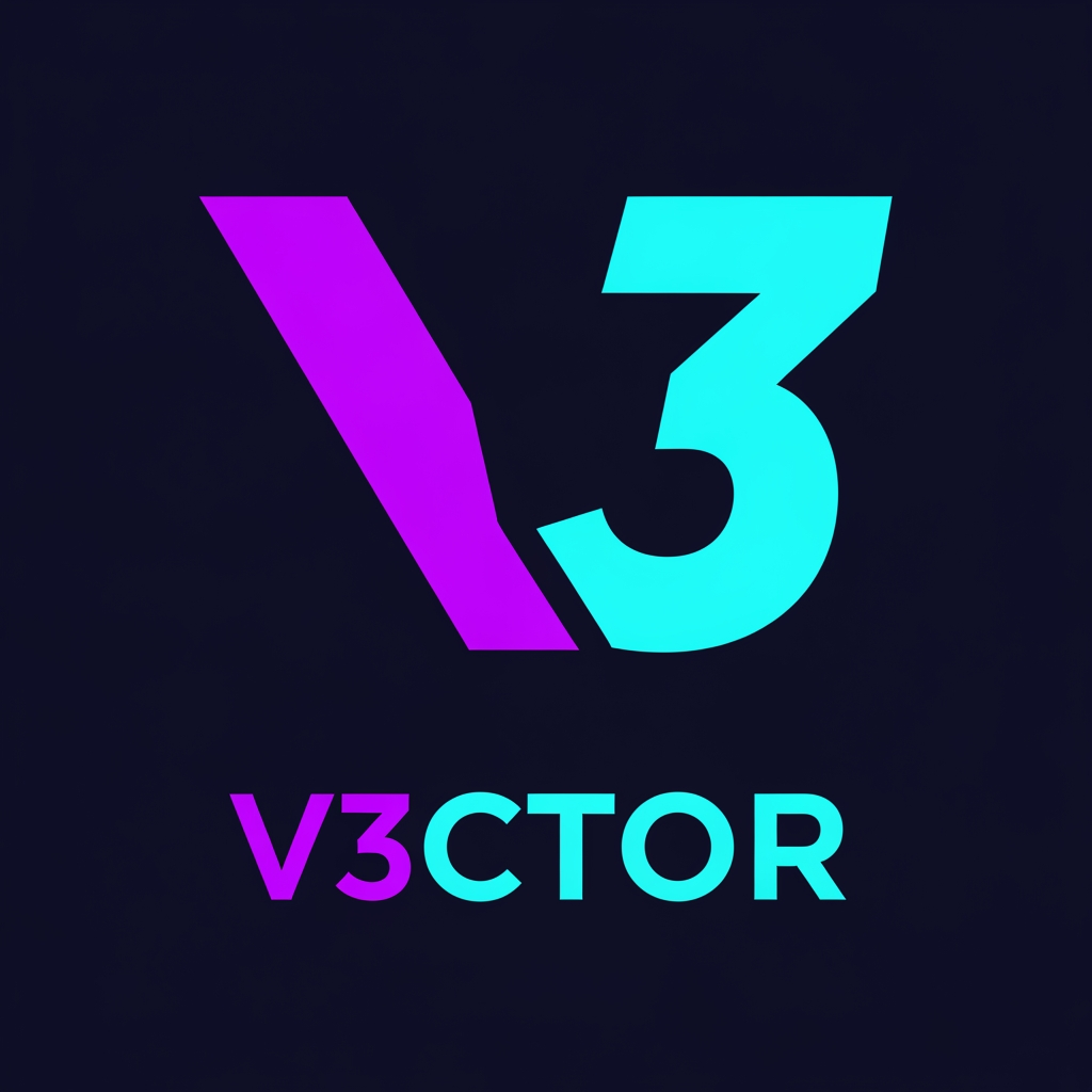 AI Design for A minimal tech startup logo for "V3CTOR" – concept name "The Cut V".
The logo is simple and bold.
A thick diagonal line (left leg of the letter V) in electric violet, starting top-left and angling down to bottom-center.
Instead of a normal right leg, a large, bold, italic number "3" in neon cyan, angled identically to form the right leg of the V.
The 3 and the left leg meet at the bottom center, creating a complete V shape.
Below the V, the wordmark "V3CTOR" – "V" in electric violet, "3" in neon cyan, "CTOR" in deep indigo with wide letter spacing.
Background is dark navy or black.
Style: ultra-minimal, flat vector, geometric, clean sans-serif, professional tech startup aesthetic.
No extra shapes, no gradients (or very subtle), no hexagons, no clutter.
Aspect ratio 1:1. --ar 1:1