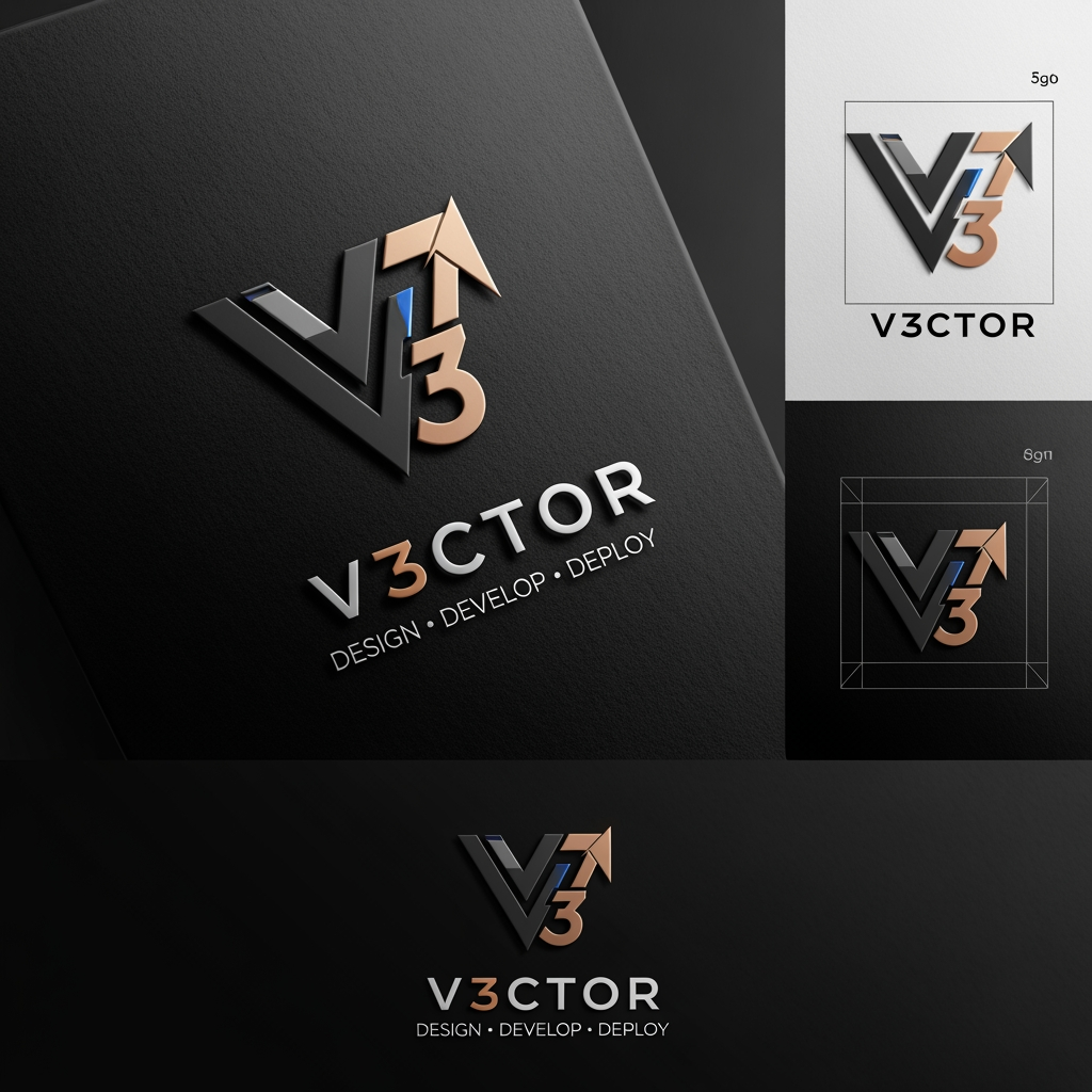 AI Design for Design a world-class brand identity logo for a premium digital agency called "V3CTOR".
Company Services:
• Website Design
• Web Development
• Mobile App Development
• SaaS Products
• UI/UX Design
• Deployment & Digital Solutions
Logo Concept:
Create a unique geometric symbol that combines:
- V (Victory, Vision, Velocity)
- 3 (Innovation, Third Dimension, Future)
- Upward Arrow (Growth & Progress)
- Vector Direction (Precision & Technology)
The symbol should feel iconic like:
Nike Swoosh,
Tesla T,
Stripe,
Vercel,
Linear,
OpenAI,
Notion
Style:
- Minimal but memorable
- Human-designed, not AI-looking
- Premium startup aesthetic
- Timeless and scalable
- Strong negative space usage
- Geometric precision
- Corporate and futuristic
- Instantly recognizable
Visual Direction:
The logo mark should look like a sharp vector arrow emerging from a stylized V while subtly hiding the number 3 inside the shape.
Avoid:
- Generic tech icons
- Circuit symbols
- Monitors
- Mobile phone icons
- Code brackets
- Stock logo elements
- Overly complex details
Colors:
Primary: Matte Black
Secondary: Metallic Titanium
Accent: Electric Blue or Copper Gold
Presentation:
- Luxury embossed metal version
- Dark textured background
- Realistic lighting and shadows
- Premium brand showcase
- High-end Behance/Dribbble presentation
- Professional logo construction grid visible in one variation
Typography:
Custom wordmark:
V3CTOR
Tagline:
DESIGN • DEVELOP • DEPLOY
The final logo should feel like a billion-dollar technology brand that could sit beside Apple, Tesla, Stripe, Vercel, Linear, and OpenAI.
Ultra-clean, vector-perfect, award-winning logo design, branding case study quality, 8K, highly detailed, professional identity system.