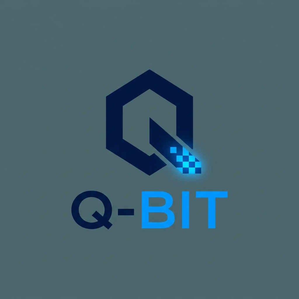 AI Design for A minimalist, modern logo design for an edtech brand named Q-Bit, featuring a sleek and clever integration of the letter Q and a digital bit or pixel motif. The composition uses a sophisticated palette of deep navy and electric blue tones against a clean, solid slate grey background. High-end graphic design style with crisp lines, geometric balance, and a professional, forward-thinking aesthetic. you can use moscot deisngs also