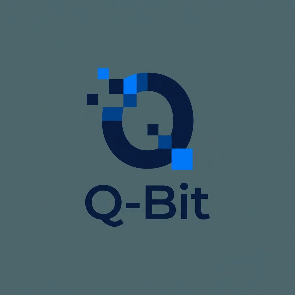 AI Design for A minimalist, modern logo design for an edtech brand named Q-Bit, featuring a sleek and clever integration of the letter Q and a digital bit or pixel motif. The composition uses a sophisticated palette of deep navy and electric blue tones against a clean, solid slate grey background. High-end graphic design style with crisp lines, geometric balance, and a professional, forward-thinking aesthetic.