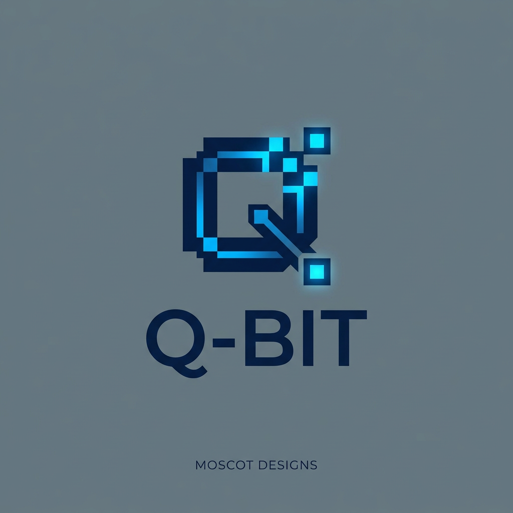 AI Design for A minimalist, modern logo design for an edtech brand named Q-Bit, featuring a sleek and clever integration of the letter Q and a digital bit or pixel motif. The composition uses a sophisticated palette of deep navy and electric blue tones against a clean, solid slate grey background. High-end graphic design style with crisp lines, geometric balance, and a professional, forward-thinking aesthetic. you can use moscot deisngs also