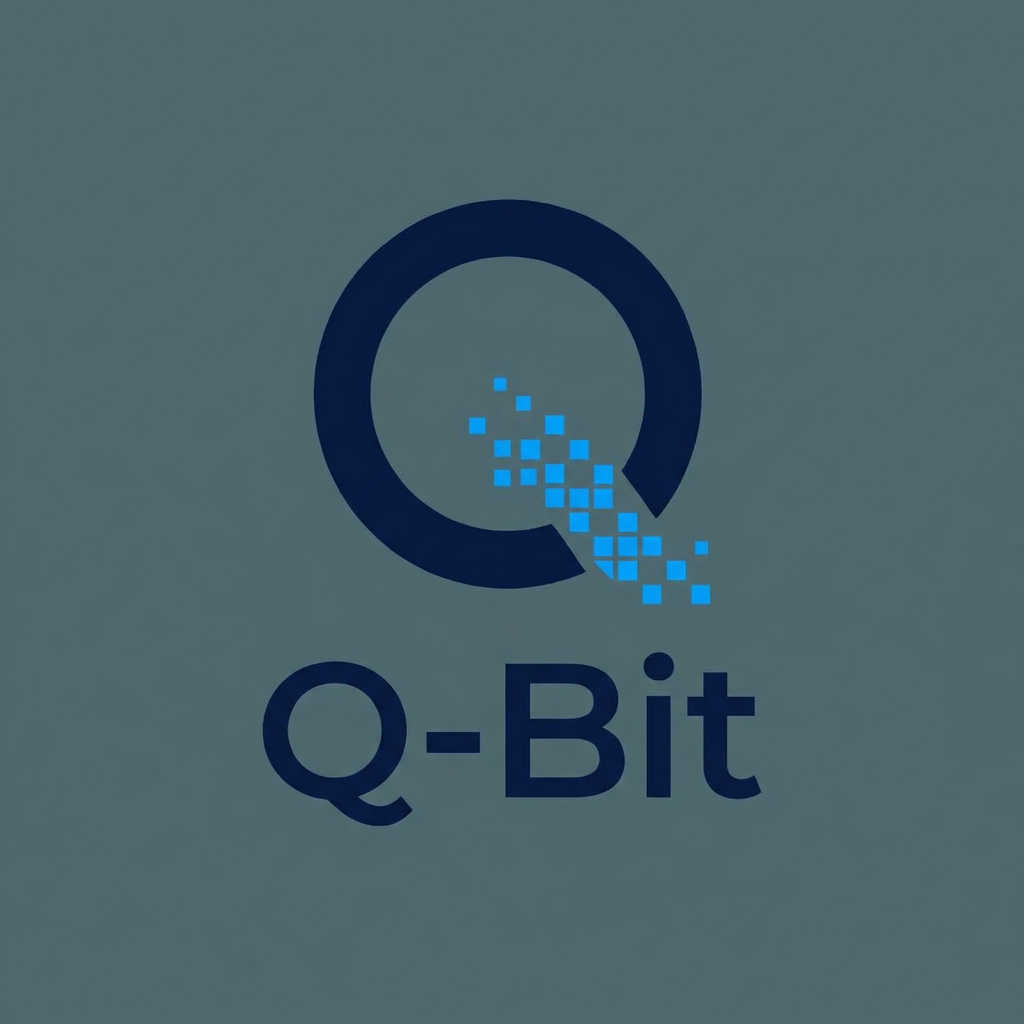 AI Design for A minimalist, modern logo design for an edtech brand named Q-Bit, featuring a sleek and clever integration of the letter Q and a digital bit or pixel motif. The composition uses a sophisticated palette of deep navy and electric blue tones against a clean, solid slate grey background. High-end graphic design style with crisp lines, geometric balance, and a professional, forward-thinking aesthetic.