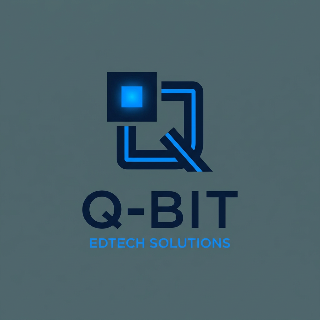 AI Design for A minimalist, modern logo design for an edtech brand named Q-Bit, featuring a sleek and clever integration of the letter Q and a digital bit or pixel motif. The composition uses a sophisticated palette of deep navy and electric blue tones against a clean, solid slate grey background. High-end graphic design style with crisp lines, geometric balance, and a professional, forward-thinking aesthetic. you can use moscot deisngs also