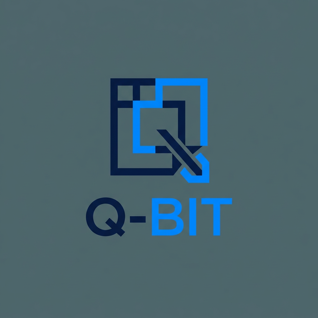 AI Design for A minimalist, modern logo design for an edtech brand named Q-Bit, featuring a sleek and clever integration of the letter Q and a digital bit or pixel motif. The composition uses a sophisticated palette of deep navy and electric blue tones against a clean, solid slate grey background. High-end graphic design style with crisp lines, geometric balance, and a professional, forward-thinking aesthetic.