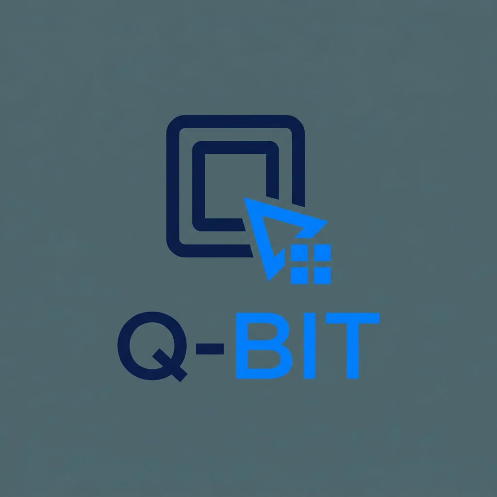 AI Design for A minimalist, modern logo design for an edtech brand named Q-Bit, featuring a sleek and clever integration of the letter Q and a digital bit or pixel motif. The composition uses a sophisticated palette of deep navy and electric blue tones against a clean, solid slate grey background. High-end graphic design style with crisp lines, geometric balance, and a professional, forward-thinking aesthetic. you can use moscot deisngs also