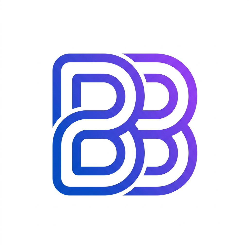 AI Design for Create a professional vector logo featuring the initials “BB” in a modern tech style. The two B letters are seamlessly intertwined into a single abstract monogram with smooth rounded corners and perfect symmetry. The design should suggest innovation, connectivity, and intelligence, with subtle infinity-loop inspiration. Use a clean blue-to-purple gradient, minimalist geometric shapes, crisp vector lines, and a white background. Premium startup branding aesthetic, scalable SVG-style logo, no text besides the BB monogram, suitable for app icons, websites, and business cards.