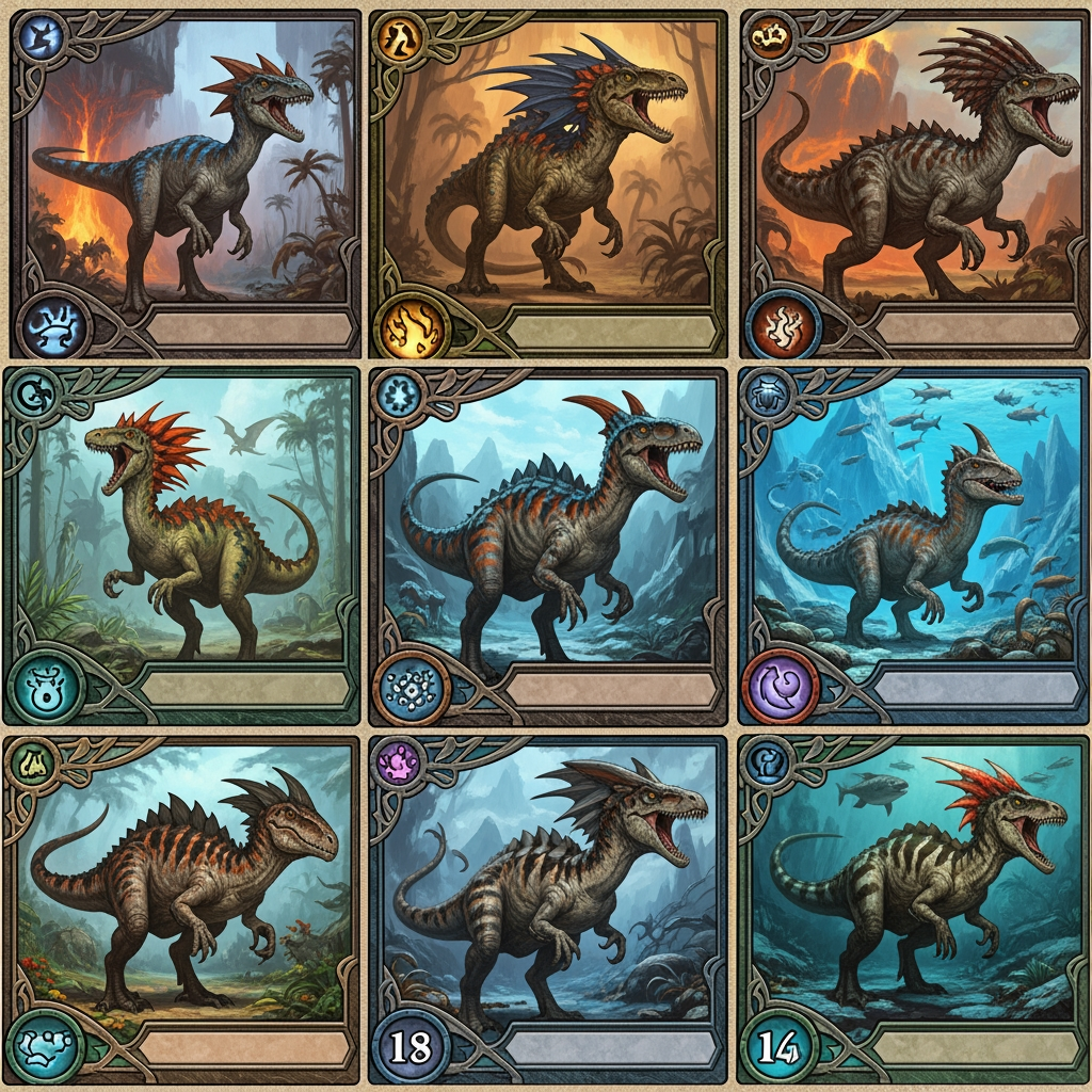 AI Design for utilizando el estilo de esas cartas crea nuevos dinos