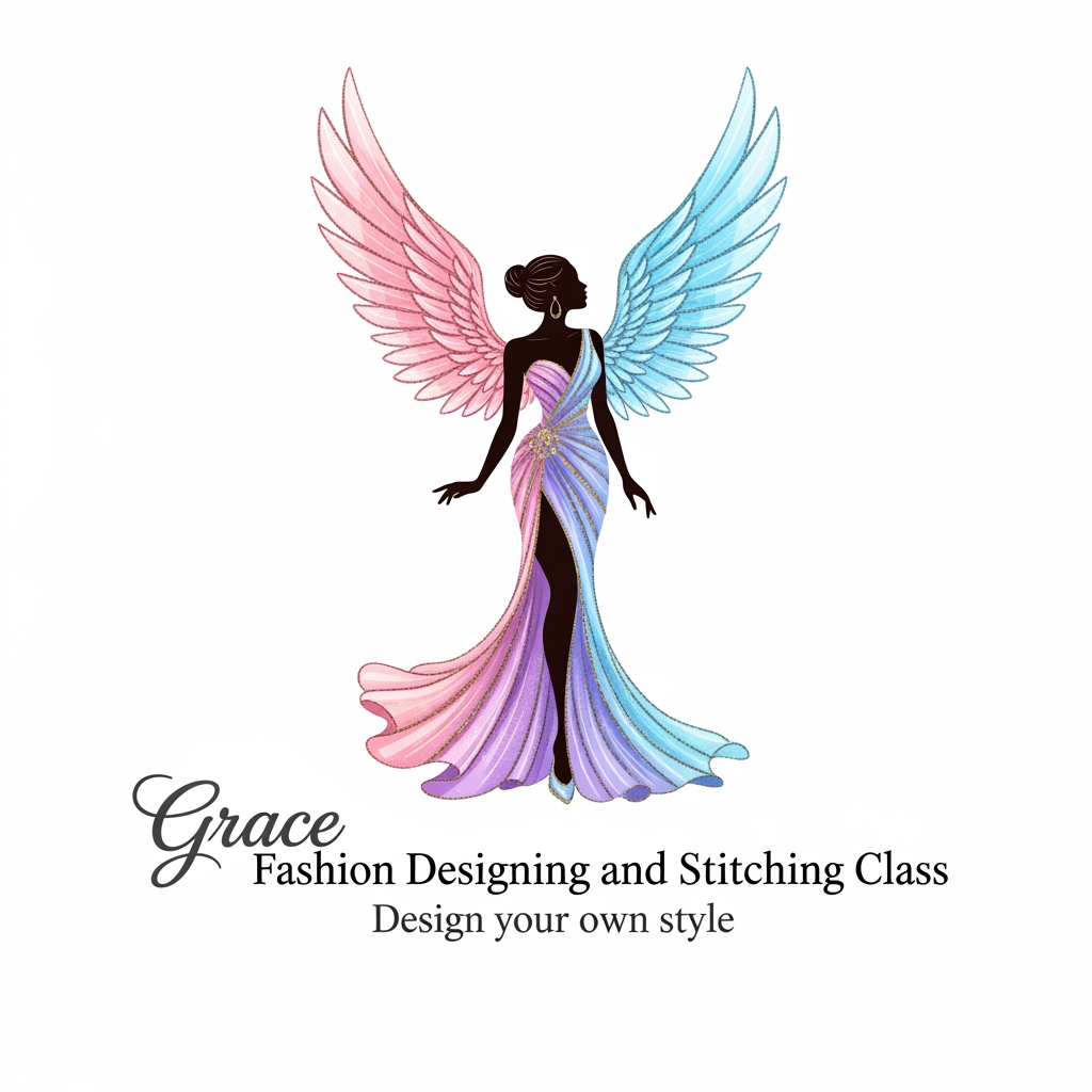 AI Design for create a unique logo for Grace Fashion Designing and stitching class - i dont want any siccors or needle on my logo - my slogon is Design your own style. i want like a model women wearing pretty gown and wings whcih fly - upwards