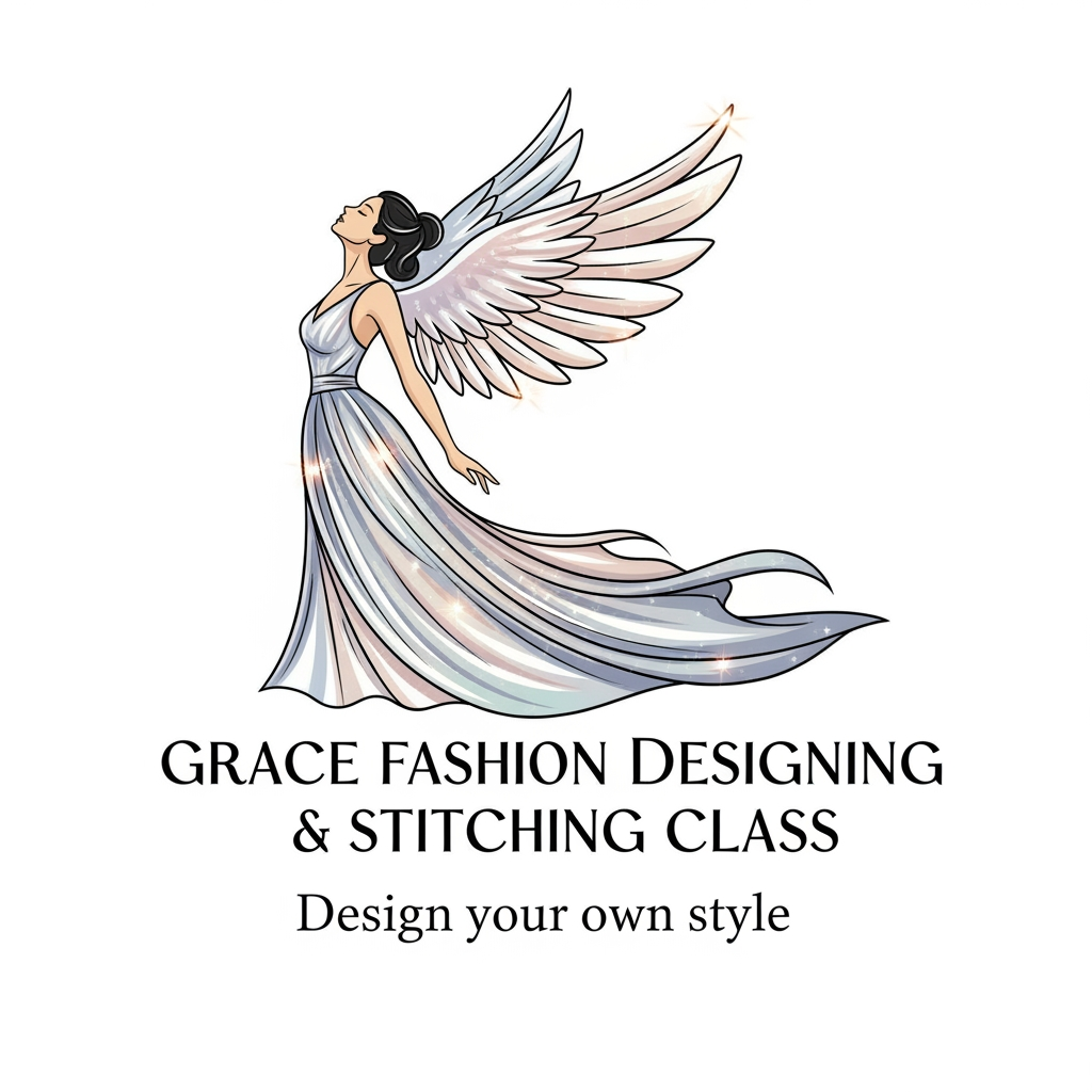AI Design for create a unique logo for Grace Fashion Designing and stitching class - i dont want any siccors or needle on my logo - my slogon is Design your own style. i want like a model women wearing pretty gown and wings whcih fly - upwards