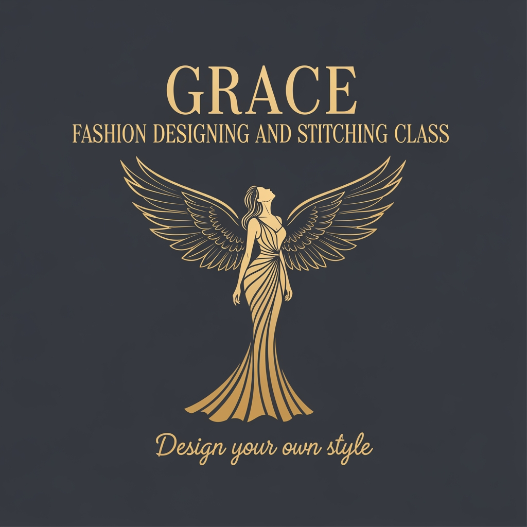 AI Design for create a unique logo for Grace Fashion Designing and stitching class - i dont want any siccors or needle on my logo - my slogon is Design your own style. i want like a model women wearing pretty gown and wings whcih fly - upwards