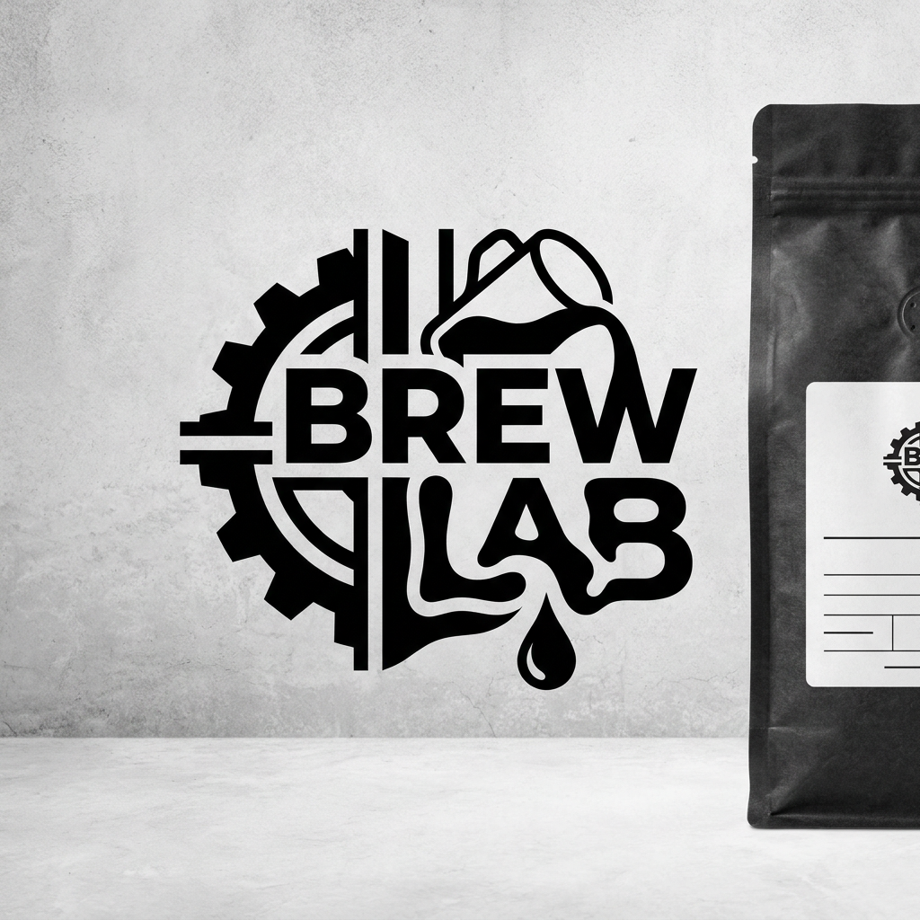 AI Design for A bold, minimalist logo design for 'Brewlab' featuring a unique, edgy typographic treatment that blends industrial precision with organic fluid shapes. Use a high-contrast monochrome palette with sharp geometric lines and a clean, modern aesthetic suitable for a high-end coffee brand.