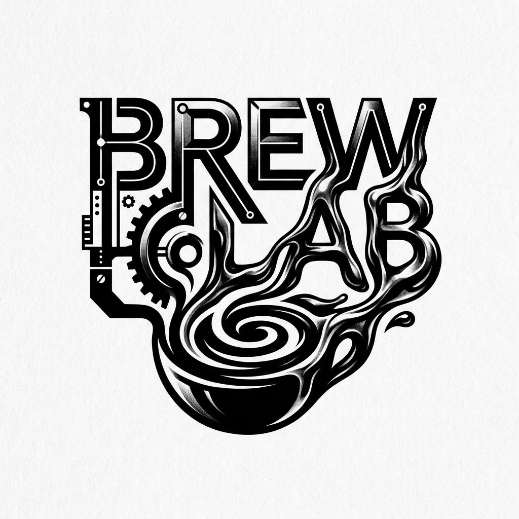 AI Design for A bold, minimalist logo design for 'Brewlab' featuring a unique, edgy typographic treatment that blends industrial precision with organic fluid shapes. Use a high-contrast monochrome palette with sharp geometric lines and a clean, modern aesthetic suitable for a high-end coffee brand.