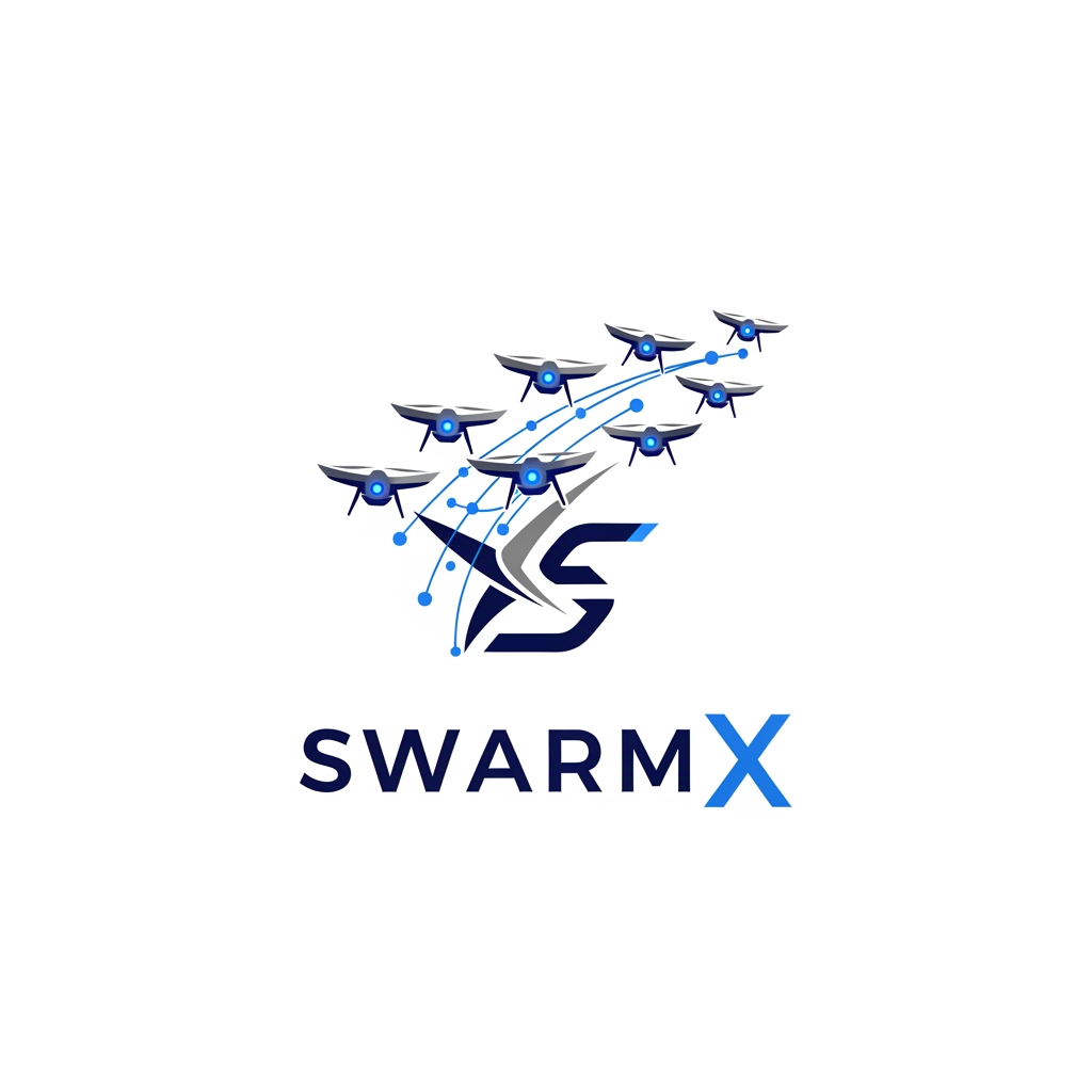 AI Design for Design a modern, professional, and futuristic logo for a deep-tech aerospace startup named "SwarmX". The startup develops AI-powered swarm logistics drones for defense, disaster relief, and remote-area delivery. The logo should symbolize multiple drones working together in a coordinated swarm, innovation, reliability, intelligence, and connectivity. Incorporate subtle elements of flight, wings, network nodes, or geometric drone formations. Use a clean, minimalist, and scalable vector style suitable for websites, mobile apps, pitch decks, business cards, and product branding. The color palette should include navy blue, dark gray, and electric blue, conveying trust, technology, and aerospace excellence. The design should look globally competitive, similar to leading aerospace and robotics companies, with a strong and memorable icon alongside the text "SwarmX". and which should be like drones are flying and among them there is a communication is happening
