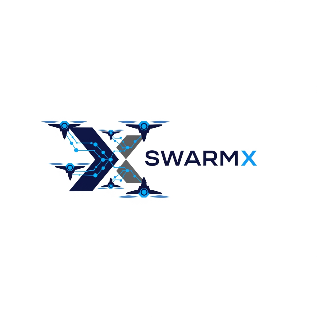 AI Design for Design a modern, professional, and futuristic logo for a deep-tech aerospace startup named "SwarmX". The startup develops AI-powered swarm logistics drones for defense, disaster relief, and remote-area delivery. The logo should symbolize multiple drones working together in a coordinated swarm, innovation, reliability, intelligence, and connectivity. Incorporate subtle elements of flight, wings, network nodes, or geometric drone formations. Use a clean, minimalist, and scalable vector style suitable for websites, mobile apps, pitch decks, business cards, and product branding. The color palette should include navy blue, dark gray, and electric blue, conveying trust, technology, and aerospace excellence. The design should look globally competitive, similar to leading aerospace and robotics companies, with a strong and memorable icon alongside the text "SwarmX". and which should be like drones are flying and among them there is a communication is happening