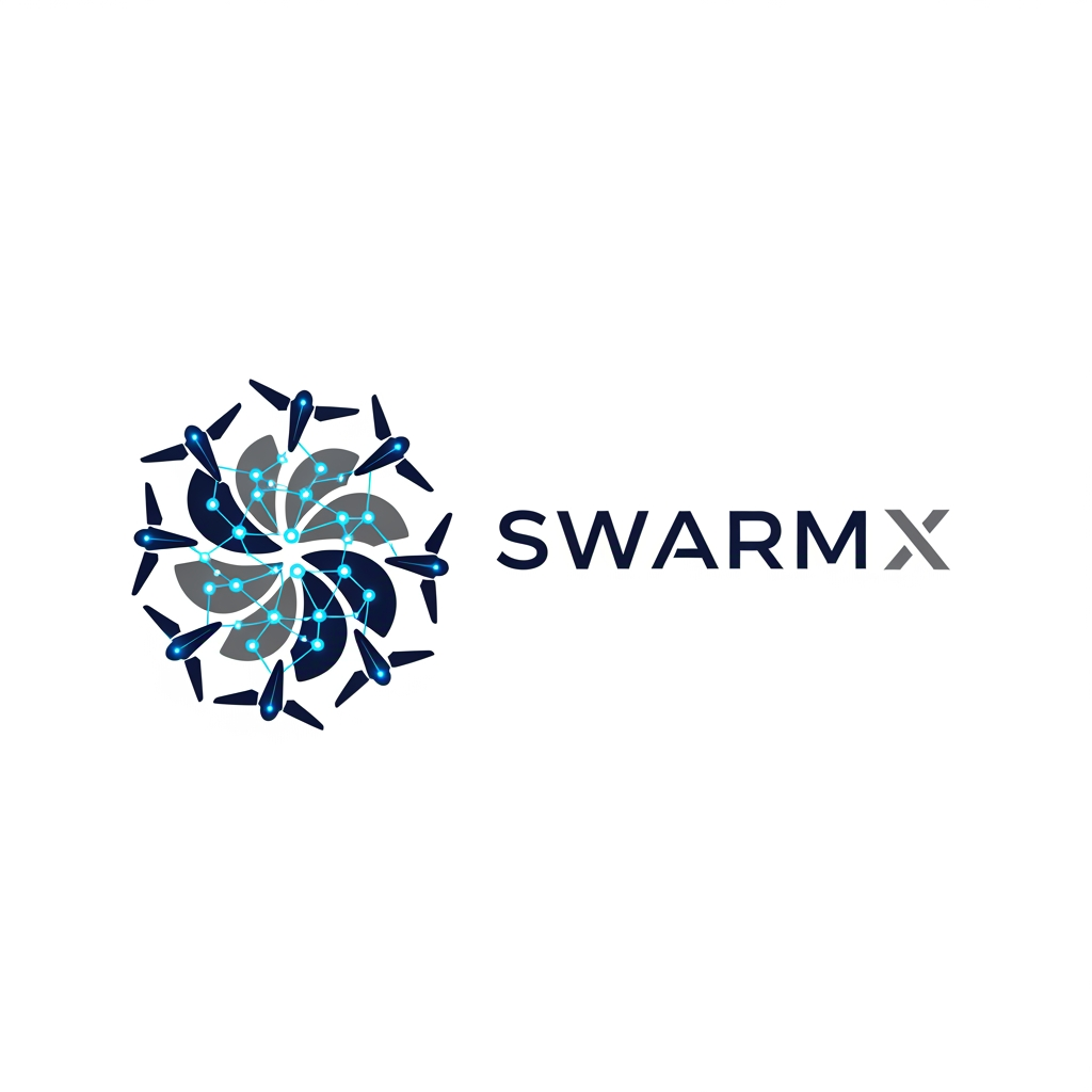 AI Design for Design a modern, professional, and futuristic logo for a deep-tech aerospace startup named "SwarmX". The startup develops AI-powered swarm logistics drones for defense, disaster relief, and remote-area delivery. The logo should symbolize multiple drones working together in a coordinated swarm, innovation, reliability, intelligence, and connectivity. Incorporate subtle elements of flight, wings, network nodes, or geometric drone formations. Use a clean, minimalist, and scalable vector style suitable for websites, mobile apps, pitch decks, business cards, and product branding. The color palette should include navy blue, dark gray, and electric blue, conveying trust, technology, and aerospace excellence. The design should look globally competitive, similar to leading aerospace and robotics companies, with a strong and memorable icon alongside the text "SwarmX".