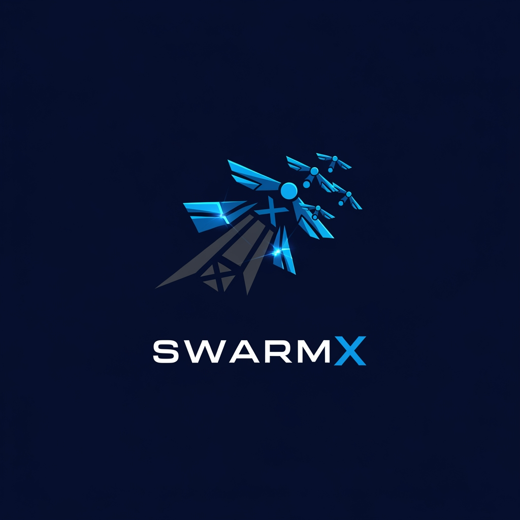 AI Design for Design a modern, professional, and futuristic logo for a deep-tech aerospace startup named "SwarmX". The startup develops AI-powered swarm logistics drones for defense, disaster relief, and remote-area delivery. The logo should symbolize multiple drones working together in a coordinated swarm, innovation, reliability, intelligence, and connectivity. Incorporate subtle elements of flight, wings, network nodes, or geometric drone formations. Use a clean, minimalist, and scalable vector style suitable for websites, mobile apps, pitch decks, business cards, and product branding. The color palette should include navy blue, dark gray, and electric blue, conveying trust, technology, and aerospace excellence. The design should look globally competitive, similar to leading aerospace and robotics companies, with a strong and memorable icon alongside the text "SwarmX".