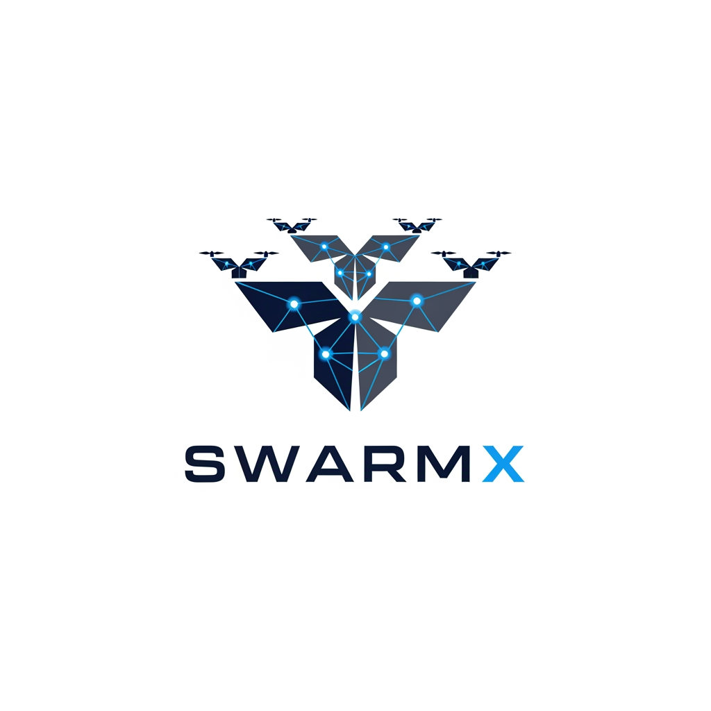 AI Design for Design a modern, professional, and futuristic logo for a deep-tech aerospace startup named "SwarmX". The startup develops AI-powered swarm logistics drones for defense, disaster relief, and remote-area delivery. The logo should symbolize multiple drones working together in a coordinated swarm, innovation, reliability, intelligence, and connectivity. Incorporate subtle elements of flight, wings, network nodes, or geometric drone formations. Use a clean, minimalist, and scalable vector style suitable for websites, mobile apps, pitch decks, business cards, and product branding. The color palette should include navy blue, dark gray, and electric blue, conveying trust, technology, and aerospace excellence. The design should look globally competitive, similar to leading aerospace and robotics companies, with a strong and memorable icon alongside the text "SwarmX".