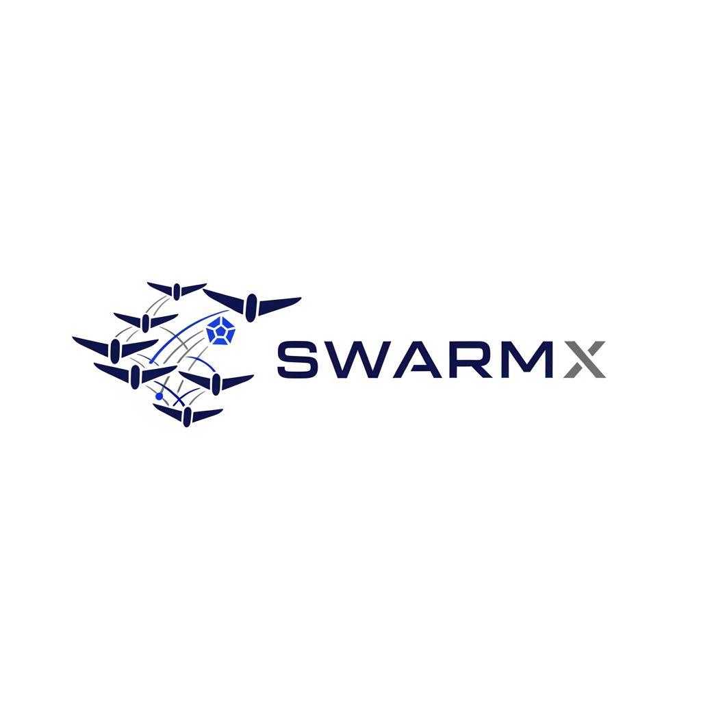 AI Design for Design a modern, professional, and futuristic logo for a deep-tech aerospace startup named "SwarmX". The startup develops AI-powered swarm logistics drones for defense, disaster relief, and remote-area delivery. The logo should symbolize multiple drones working together in a coordinated swarm, innovation, reliability, intelligence, and connectivity. Incorporate subtle elements of flight, wings, network nodes, or geometric drone formations. Use a clean, minimalist, and scalable vector style suitable for websites, mobile apps, pitch decks, business cards, and product branding. The color palette should include navy blue, dark gray, and electric blue, conveying trust, technology, and aerospace excellence. The design should look globally competitive, similar to leading aerospace and robotics companies, with a strong and memorable icon alongside the text "SwarmX". and which should be like drones are flying and among them there is a communication is happening