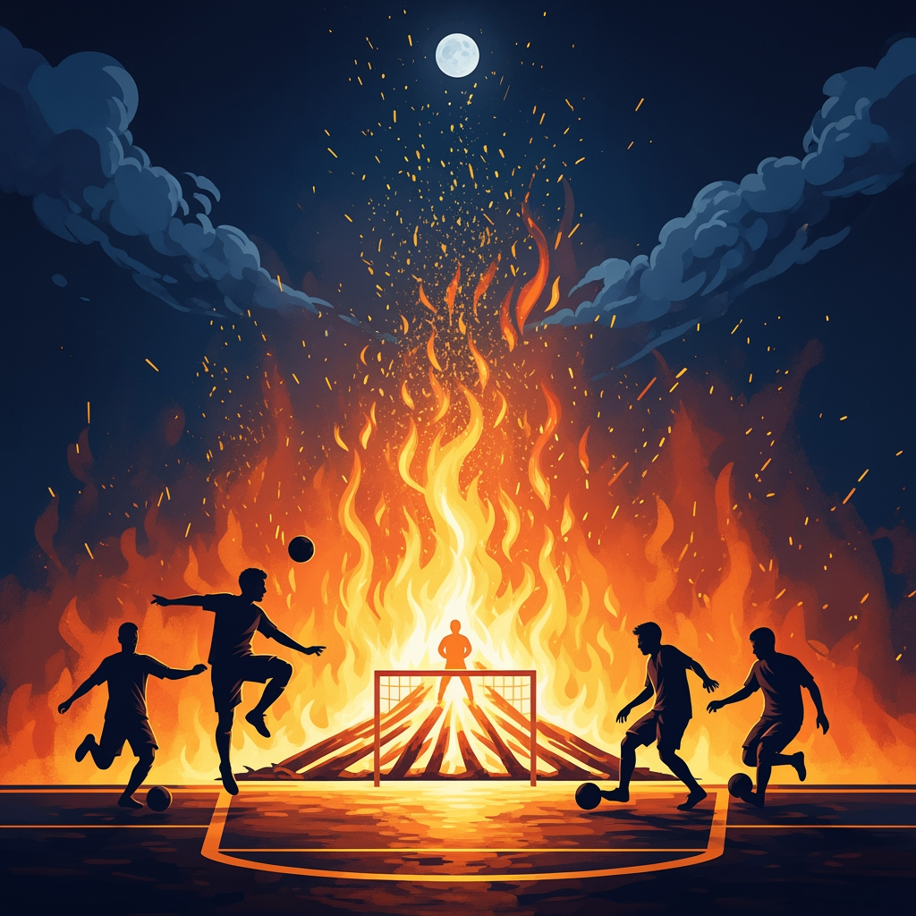 AI Design for cartel de un partido de futbol sala relacionado con la hoguera de san juan, sin texto