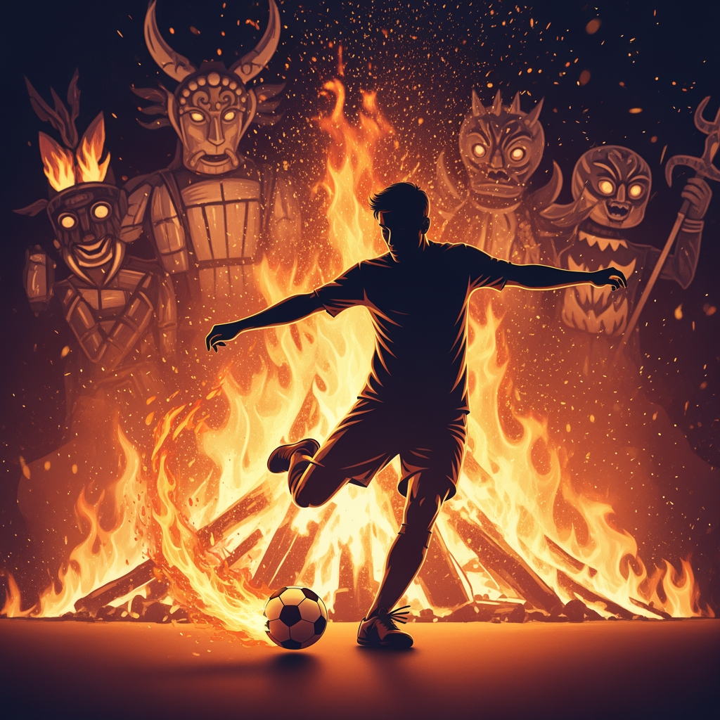 AI Design for cartel de un partido de futbol sala relacionado con la hoguera de san juan, sin texto